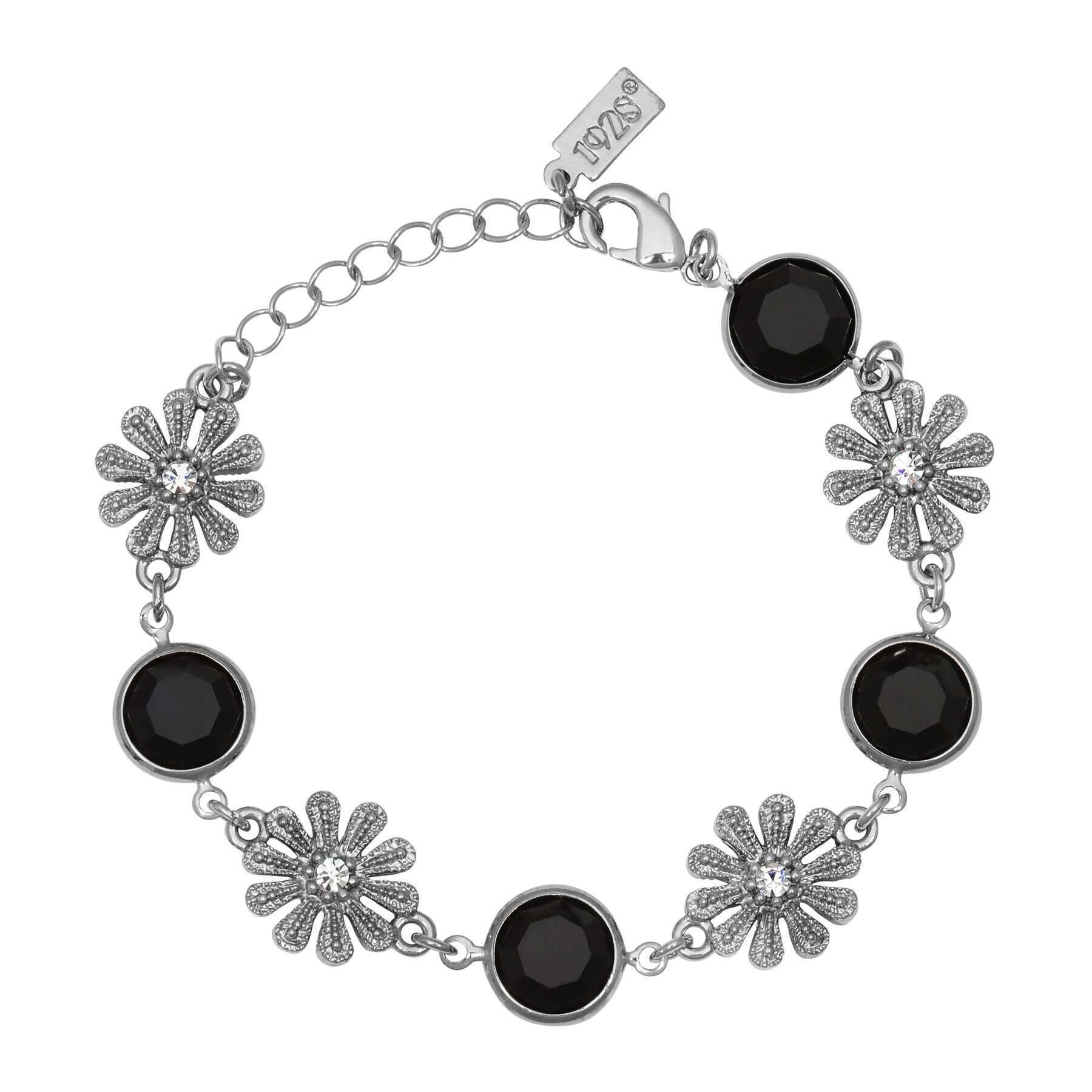 1928 Jewelry Fleawort Flower Crystal & Round Black Austrian Channel Crystal Flower Bracelet - Elegant Vintage Bracelet for Women, Perfect for Weddings, Parties, and Special Occasions