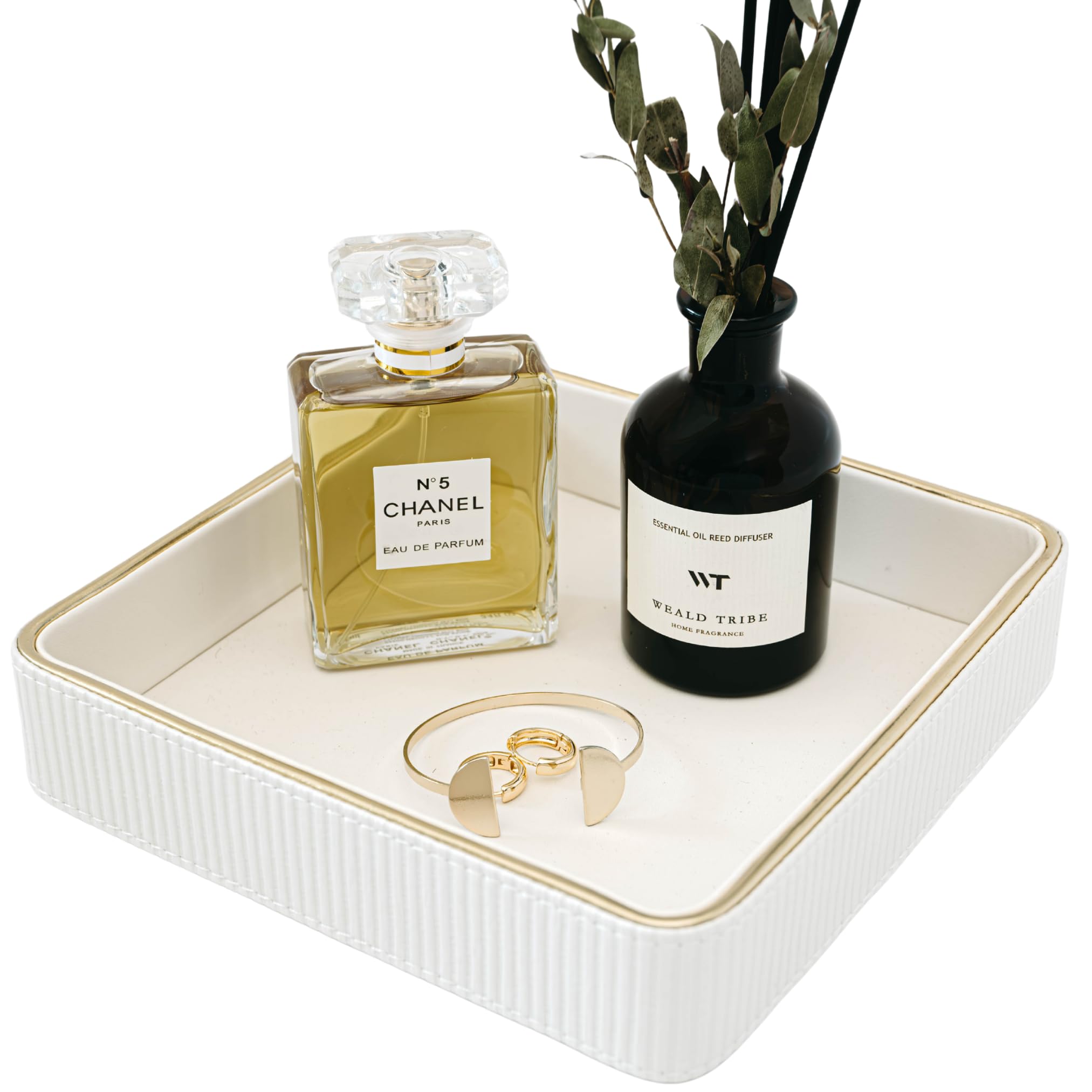 White Leather Nightstand Tray Organizer - Small Bedside Valet Tray for Women | Key & Jewelry Catchall Bowl | Entryway Table & Dresser Top Perfume Holder | Perfect for Bedroom, Vanity & Home Decor Organization
