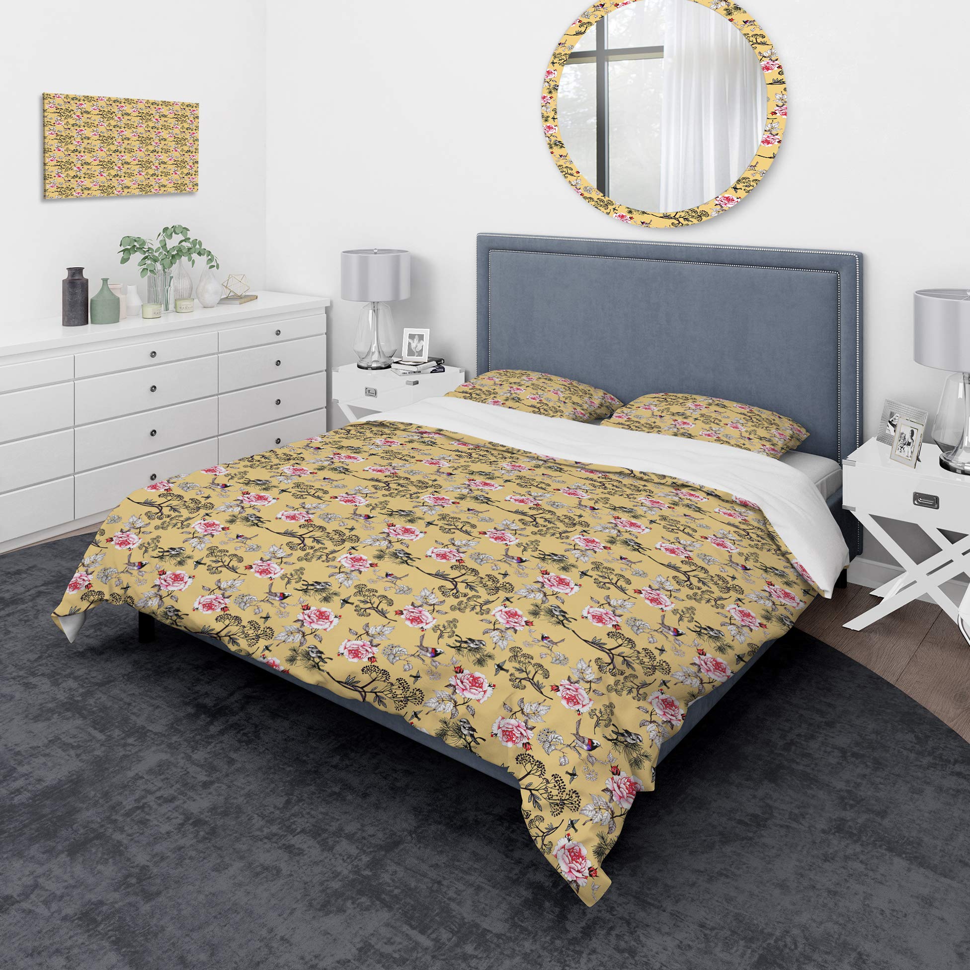 Floral Birds Duvet Cover Set King - Nautical Coastal Bedding for All Seasons