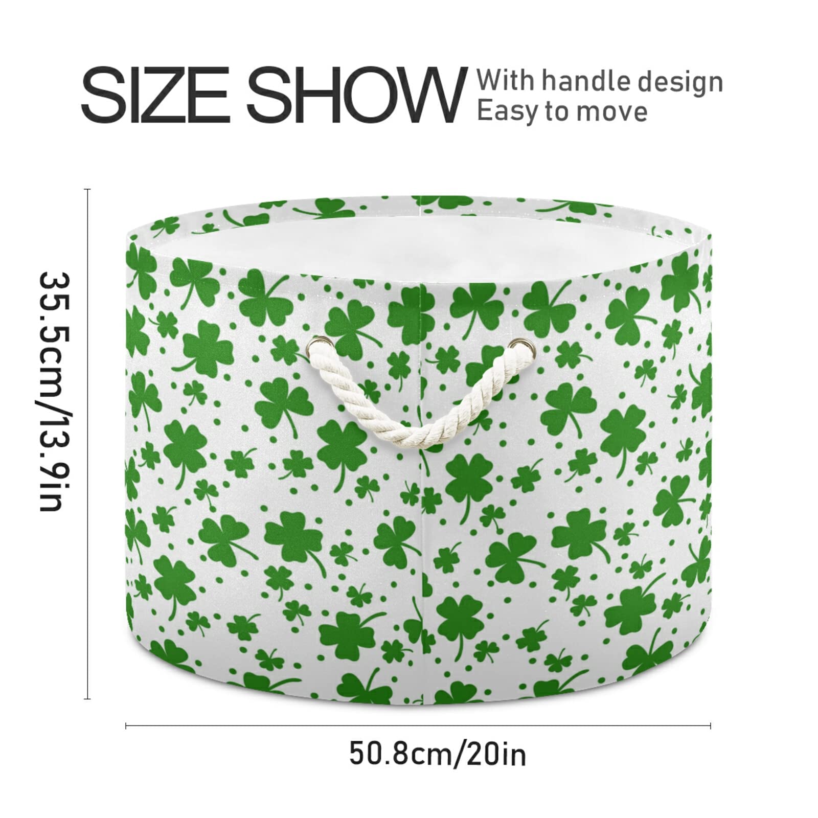 St. Patrick's Day Green Shamrock Clover Storage Basket - Foldable Round Organizer Bin with Handles for Baby Nursery, Toys & Clothes - Waterproof Laundry Hamper for Home, Dorm & Party Decor