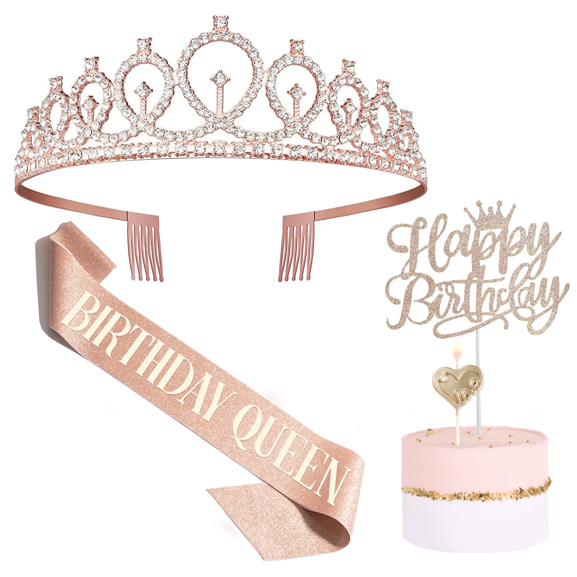 Bella Meri Birthday Gifts for Women - Elegant Birthday Tiara Crown, Satin Sash, Cake Toppers, Decorative Candles & Party Decorations | Perfect for Women's Birthday Parties, Bachelorette Celebrations & Special Occasions