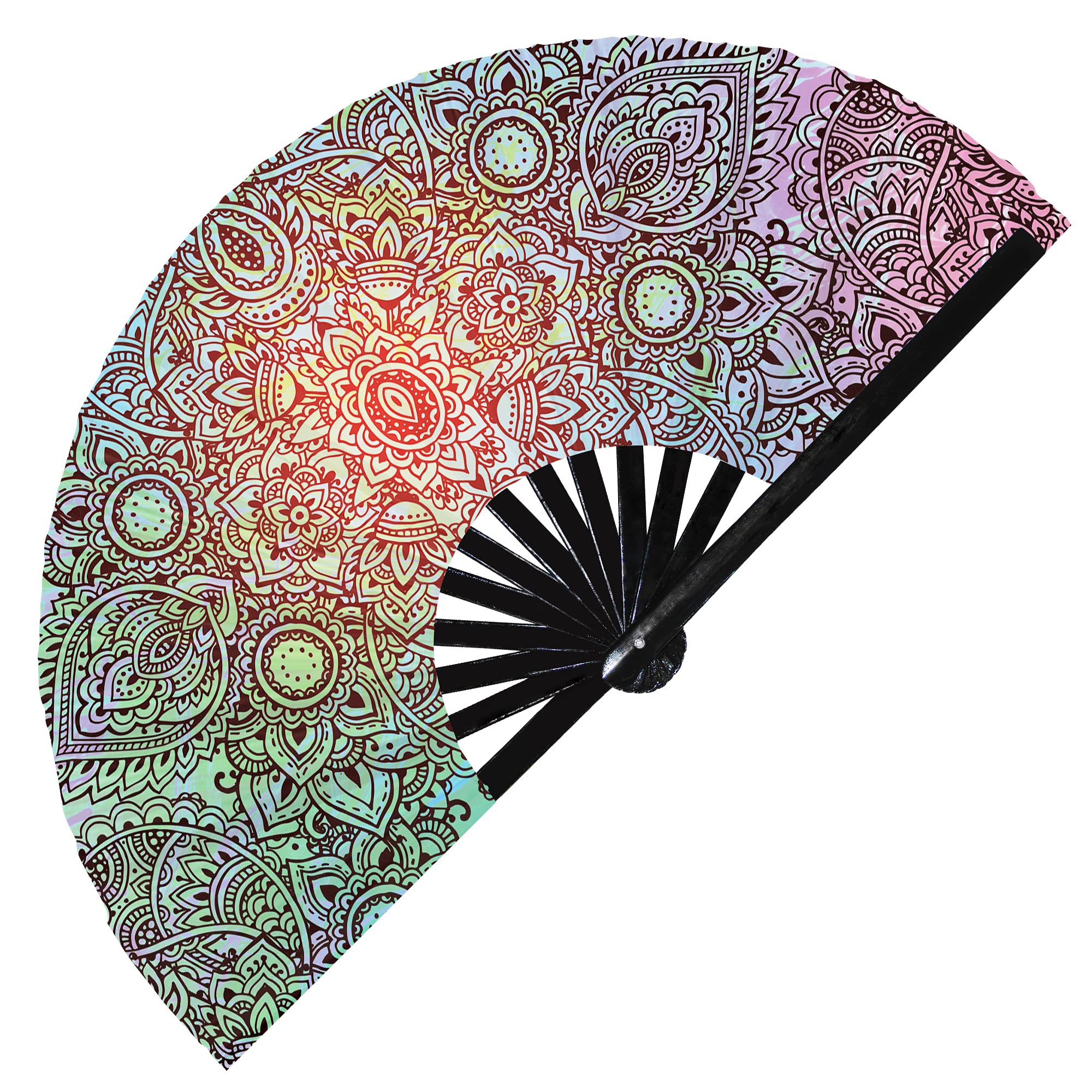 Foldable UV Glow Hand Fan - Handmade Colorful Holographic Psychedelic Henna Tattoo Art Design | Iridescent Large Rave Fan for Trippy Parties, Festivals & Henna Events | UV Reactive & Portable (Style 3)