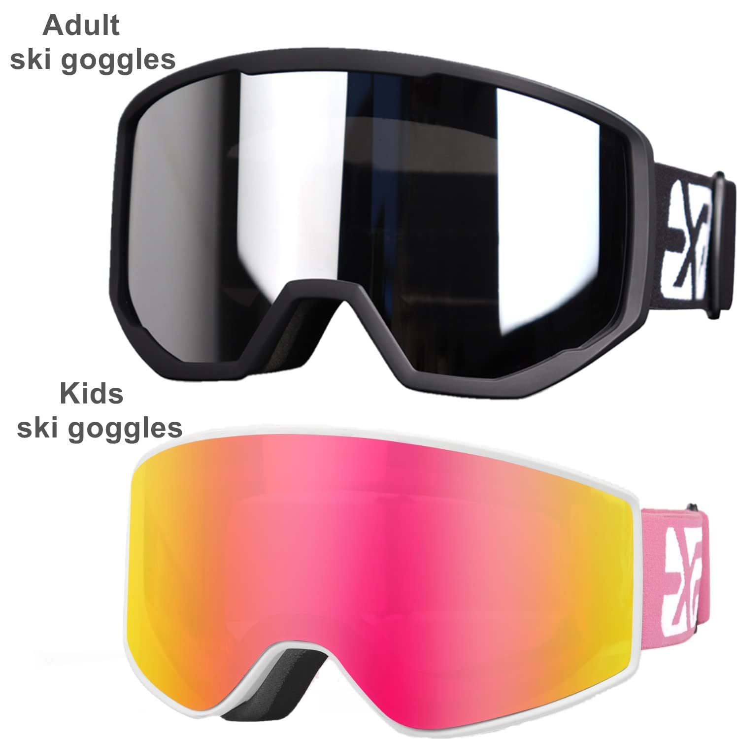 EXP VISION Parent-Child Ski Goggles Set - OTG Anti-Fog Snow Goggles with 100% UV400 Protection for Men, Women, Boys & Girls - Perfect for Family Skiing, Snowboarding & Winter Sports