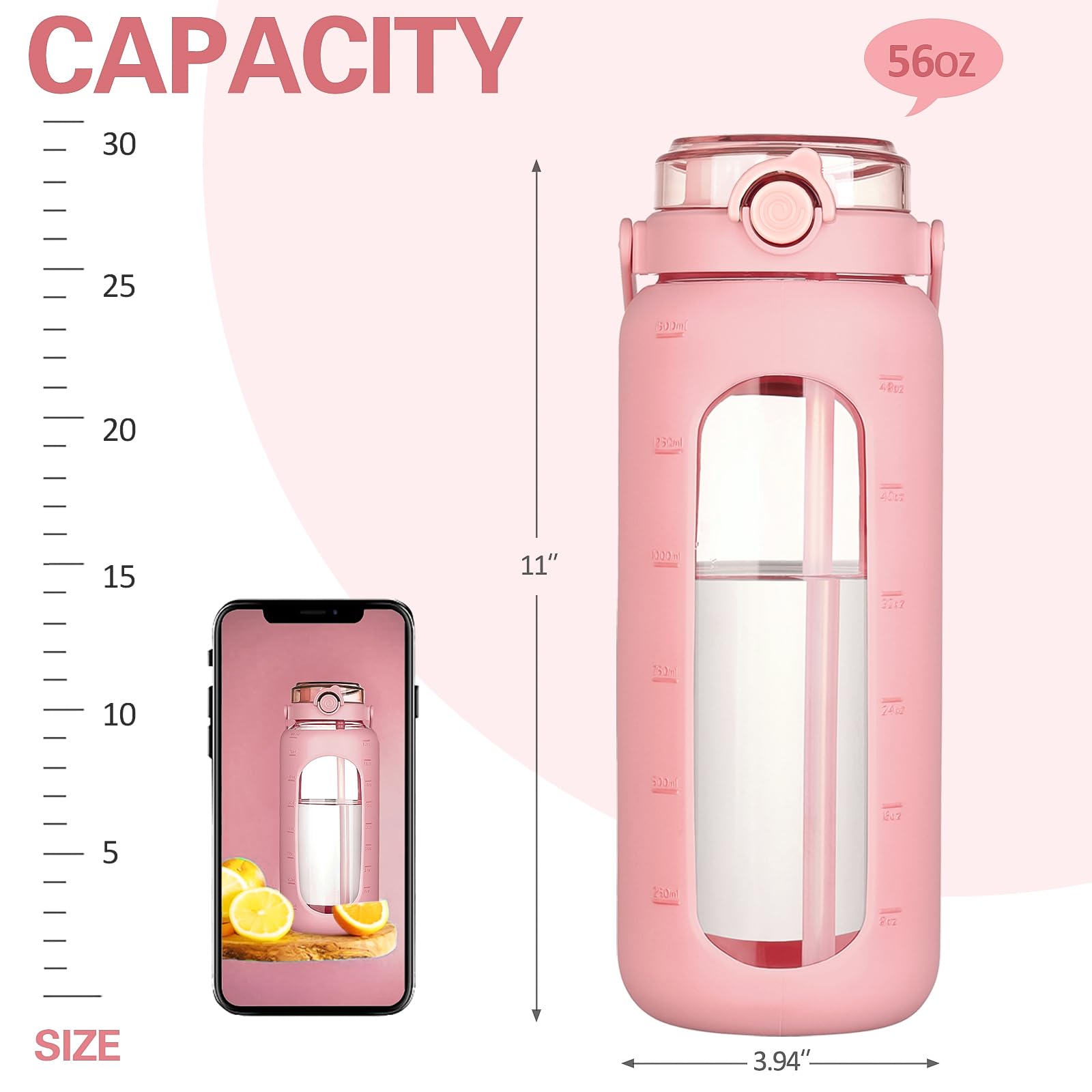 BLUEGO 56oz Glass Water Bottle with Straw & Time Marker - Half Gallon Motivational Water Bottle with Silicone Sleeve - 2L Large Glass Jug for Gym, Sports, Workout & Daily Use - Perfect for Hydration Tracking at Office, Yoga, Hiking & Home - Pink