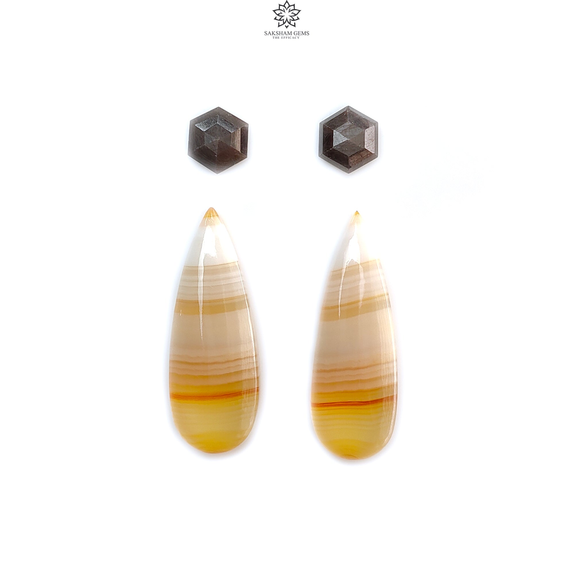 Natural Botswana Agate Gemstone with Serpentine & Gray Sapphire Cabochon - Untreated Bi-Color Agate Triangle and Pear 4pc Set for Jewelry Making, Wire Wrapping, and Healing Crystal Collections