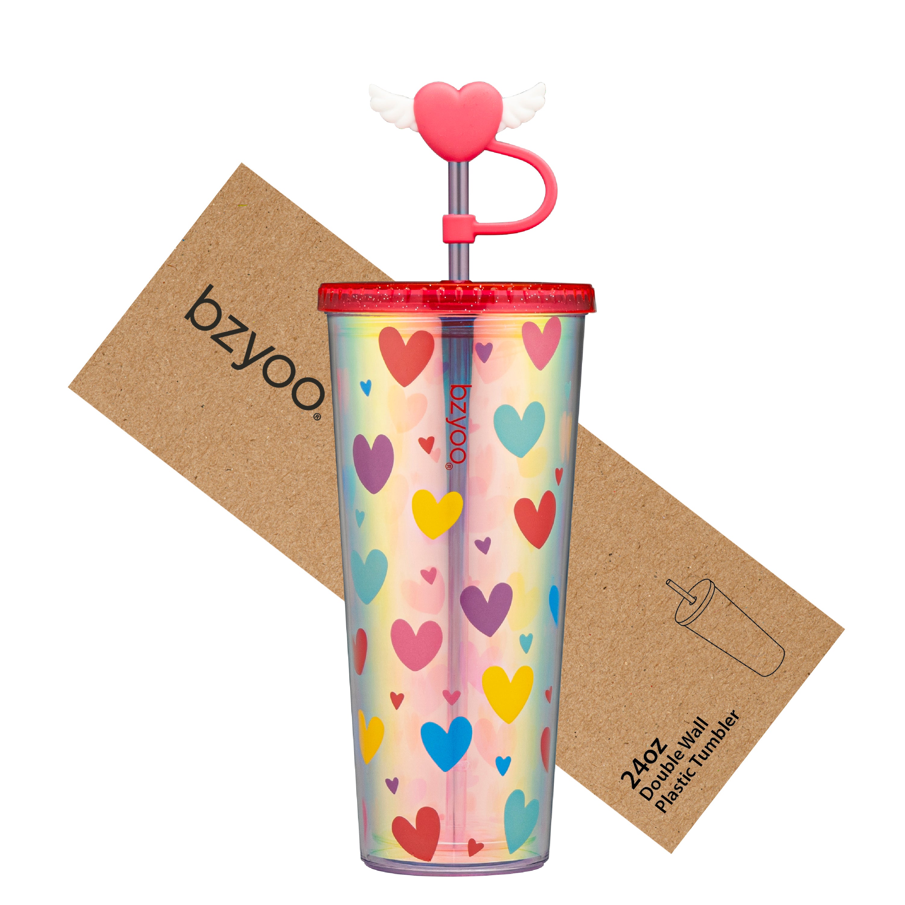 24oz Insulated Tumbler with Heart-Shaped Lid & Wing Straw - Cute Heart Design Vacuum Flask for Coffee, Tea & Cold Drinks - Perfect for Office, Gym & Outdoor Activities
