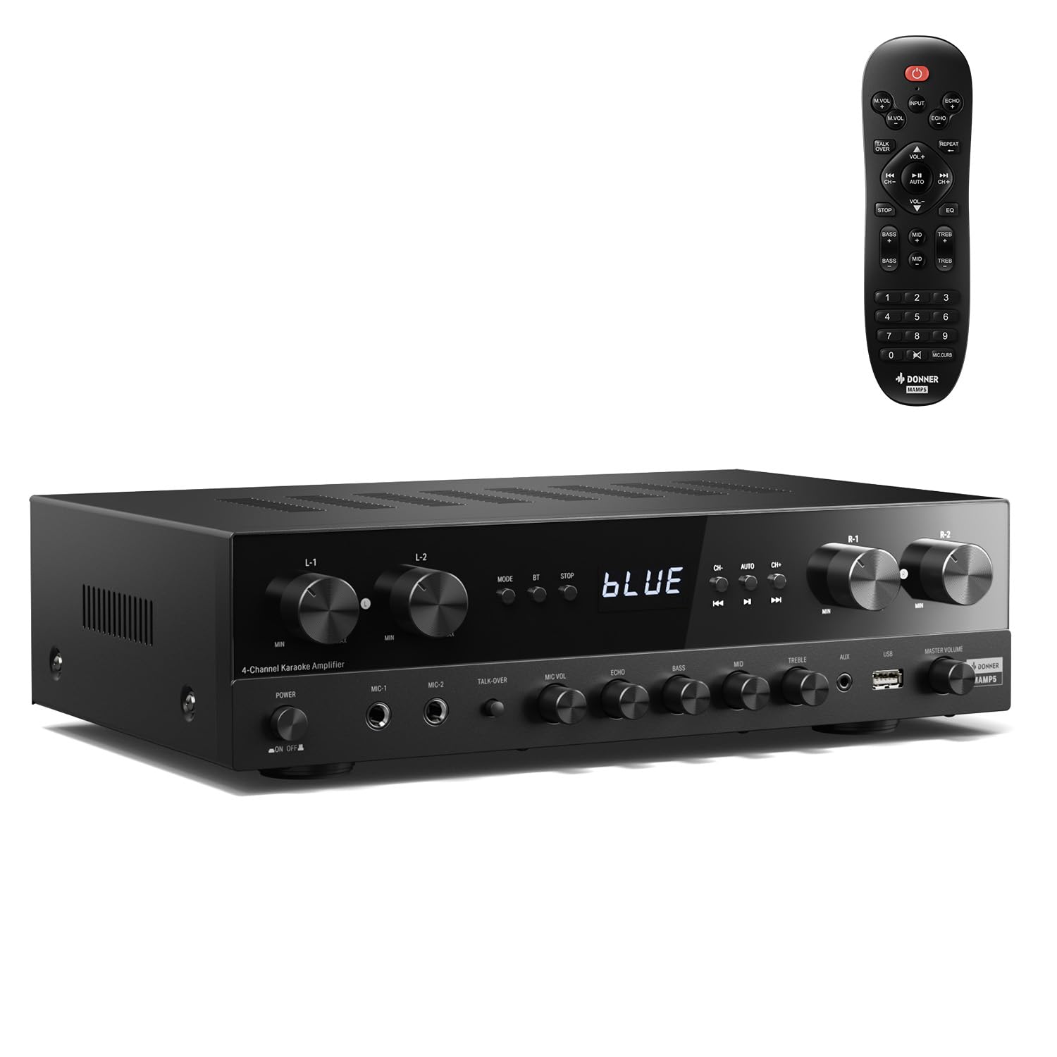 Donner 1000W Peak Power 4-Channel Stereo Receiver with Bluetooth 5.0, USB, FM Radio, 2 Mic Inputs, Echo, RCA & Optical/Coaxial Inputs - Home Audio Amplifier for Karaoke, Home Theater & Speaker Systems