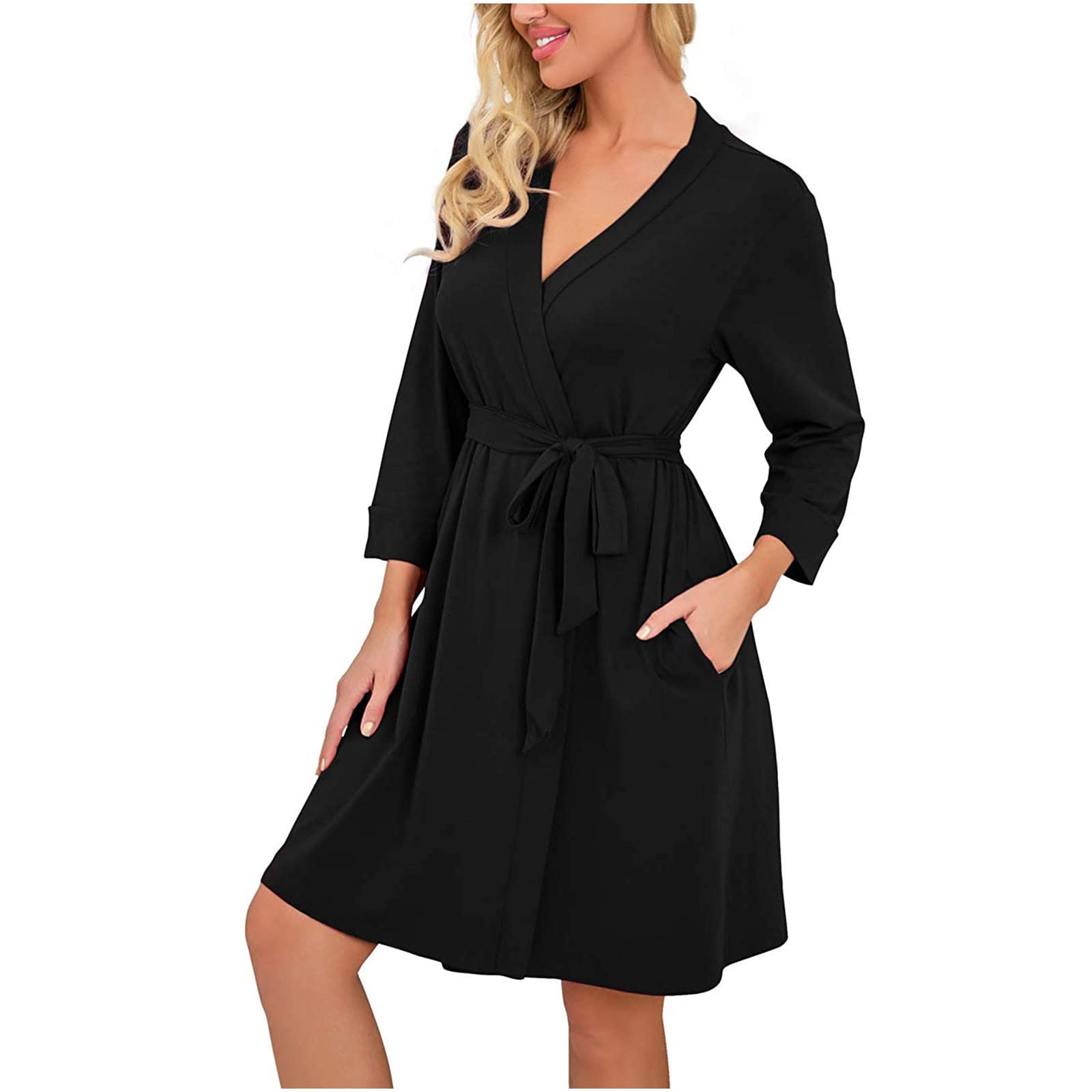 Women's Soft V-Neck Long Sleeve Casual Pajama Dress - Pure Color Sleepwear & Lounge Dress for Home, Sleeping, and Relaxing