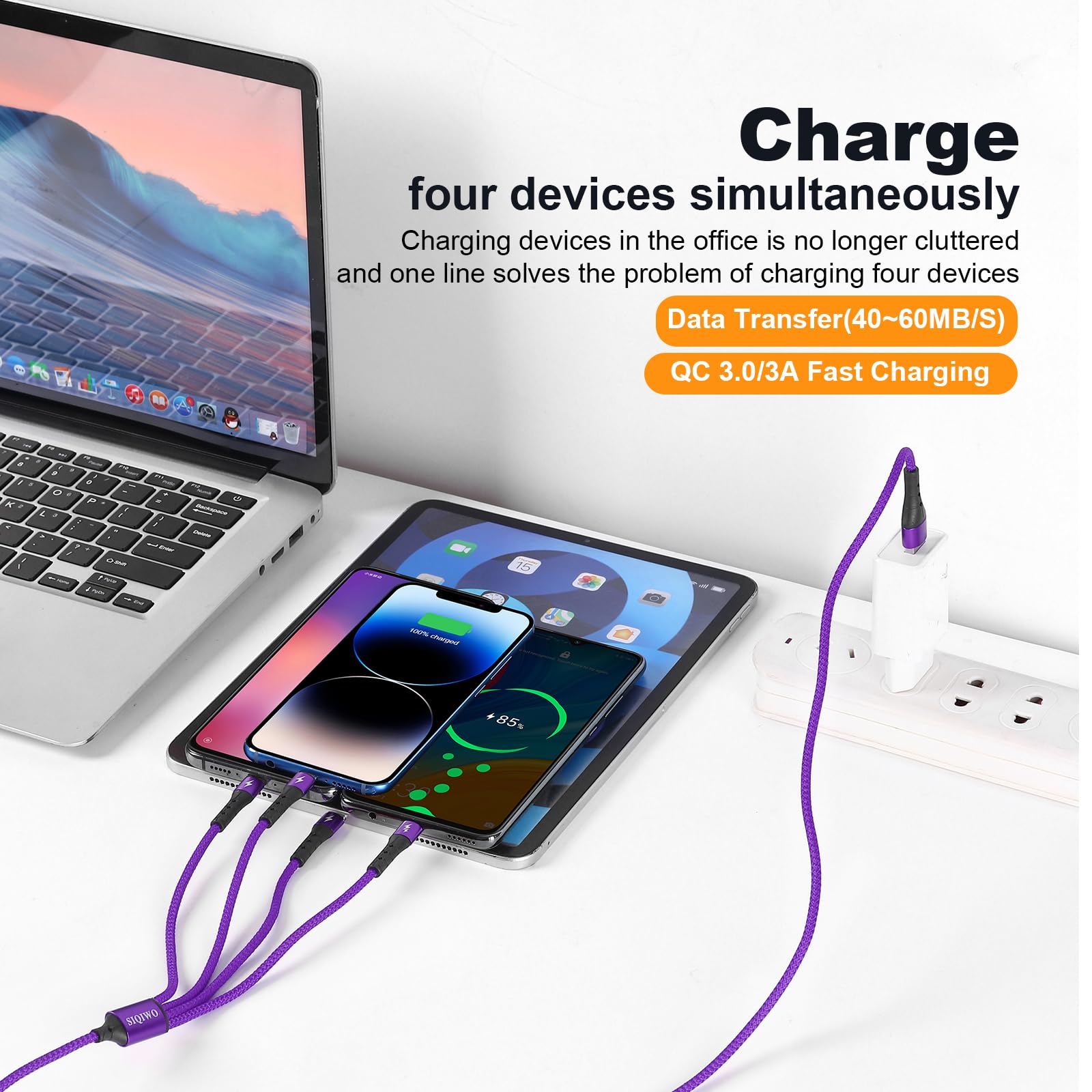 SIQIWO 4-in-1 Multi USB C Fast Charging Cable [2 Pack, 4FT] - QC 3.0 (3A) USB C Splitter with 4 Ports - Compatible with iPhone 16/15 Series, iPad Air/Pro, Samsung Galaxy S24/S23, Google Pixel, PS5 - Perfect for Home, Office & Travel Charging Multiple Devices Simultaneously