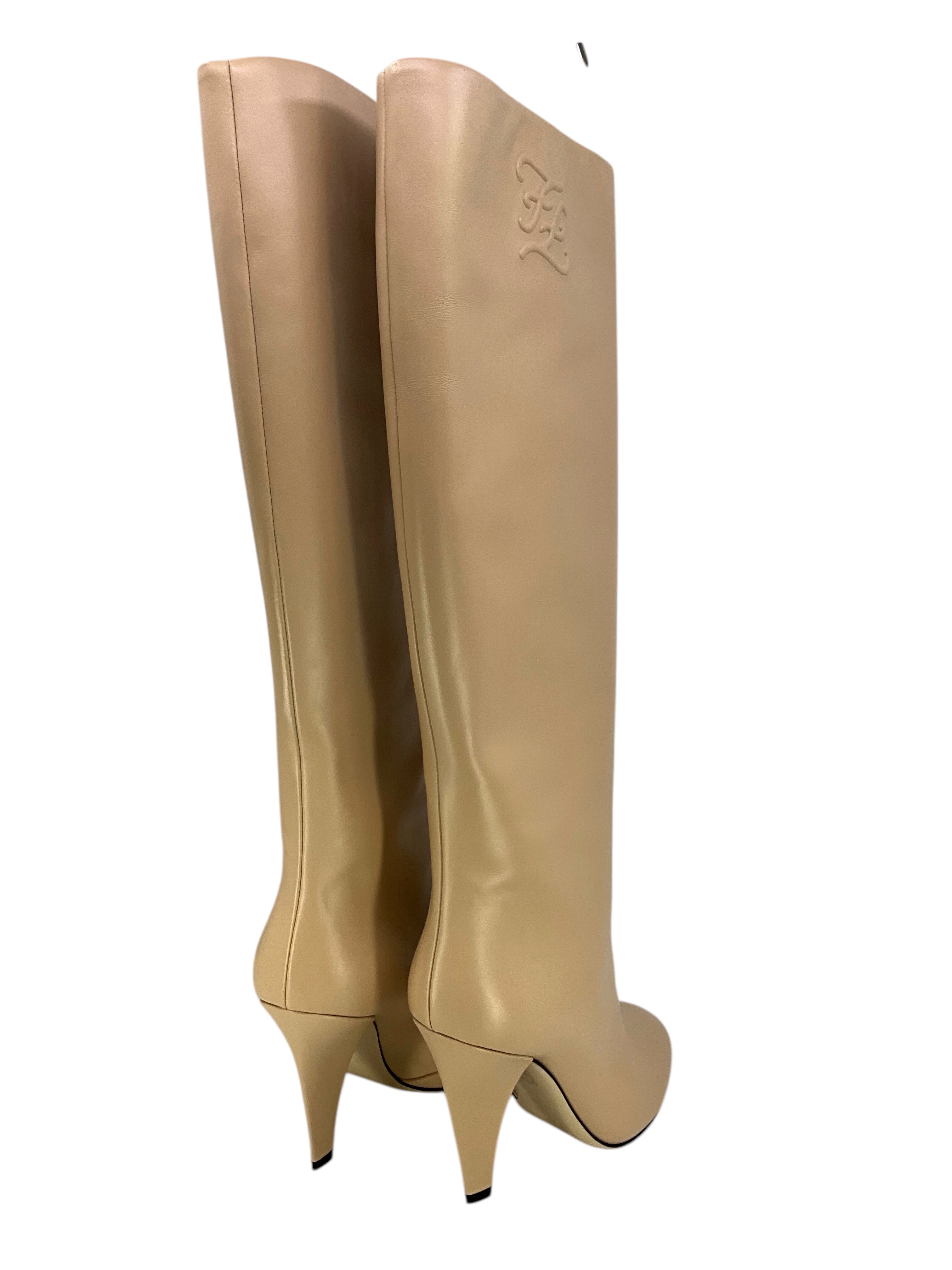 FENDI Karligraphy Embossed Logo Knee High Boots for Women | Size 9 US | Luxury Leather Fashion Boots for Fall Winter, Parties & Night Out