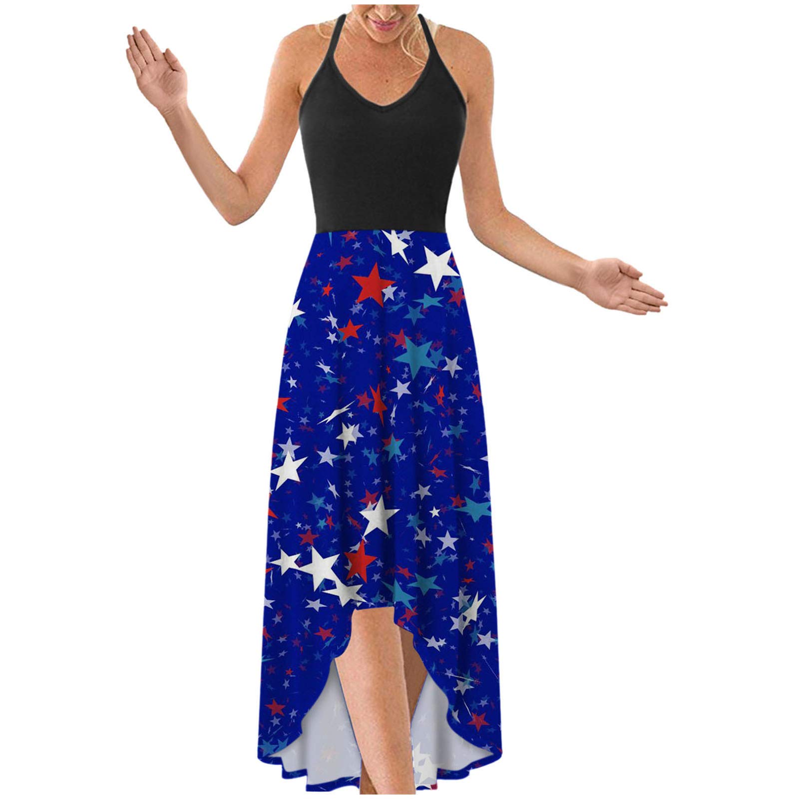 Women's Asymmetrical Patchwork Floral Maxi Dress - V Neck Open Back Casual Sundress for 4th of July & Summer Outings | Perfect for Beach Vacations, Picnics, and Independence Day Celebrations