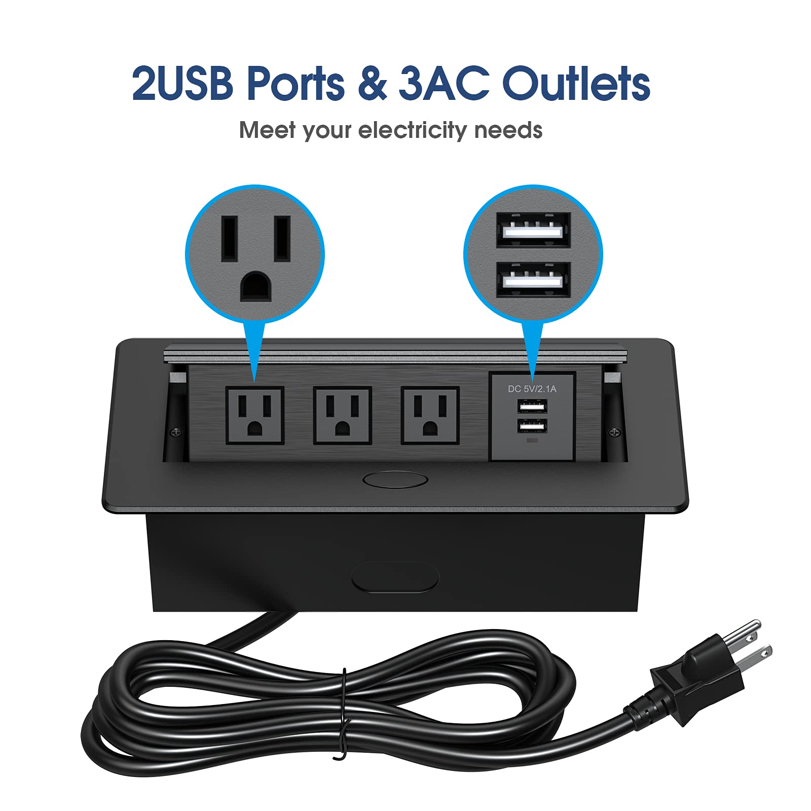 **Pop Up Outlet with 2 USB Ports & 3 AC Outlets - Black Desktop Power Hub for Home, Office & Dorm Use**
