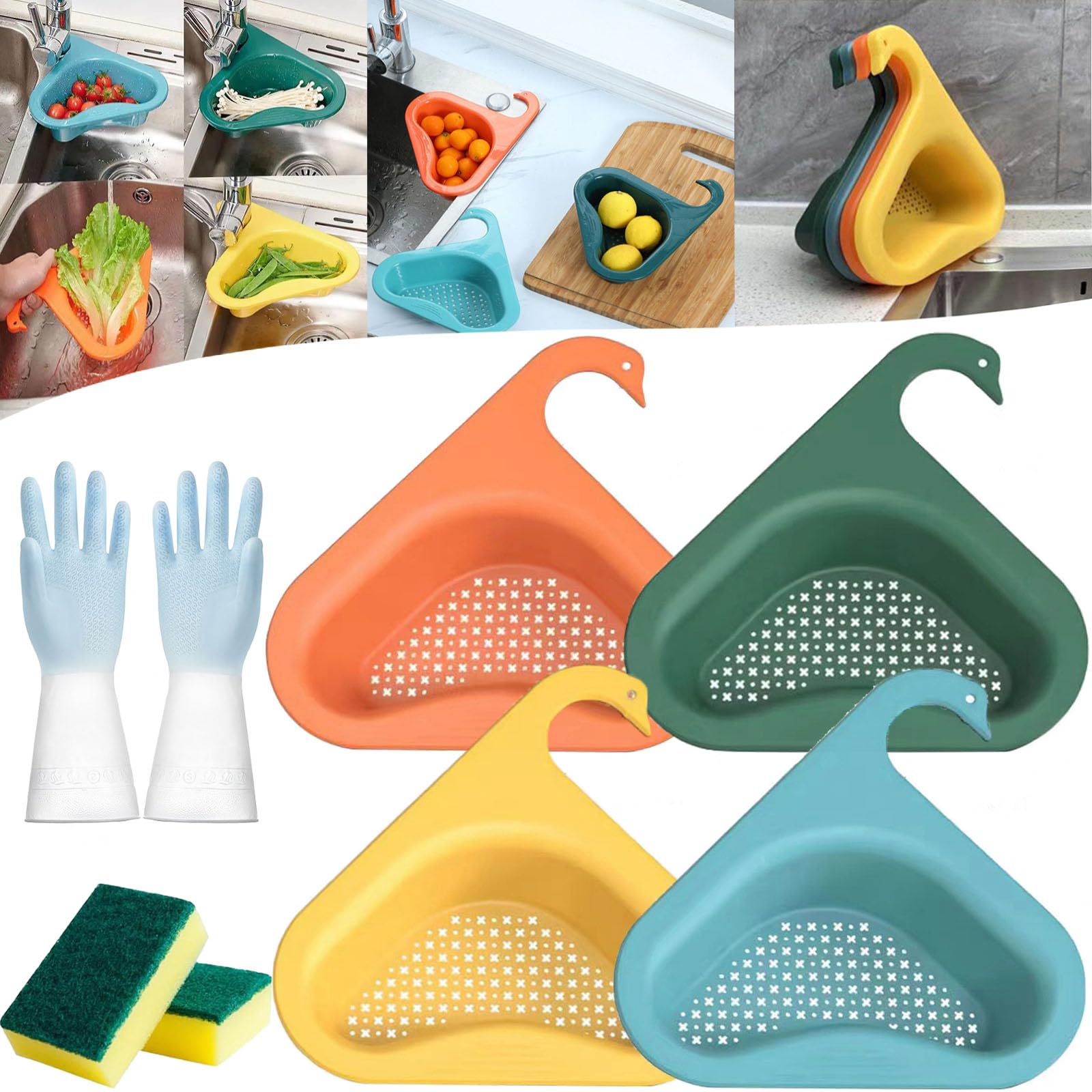 Strainer Pro - 4Pcs Multifunctional Kitchen Sink Drain Basket Strainer for Vegetables, Pasta & Fruits | Faucet Hanging Filter Basket & Swan Drain Rack | Perfect for Washing Produce, Draining Pasta & Keeping Sink Clean