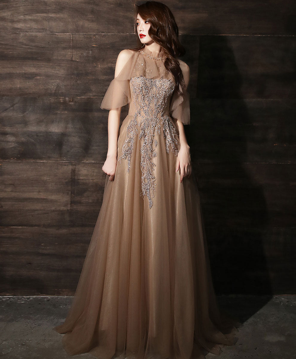 Elegant Champagne High Neck Tulle Lace Long Prom Dress for Women - Perfect for Formal Dances, Weddings & Special Occasions