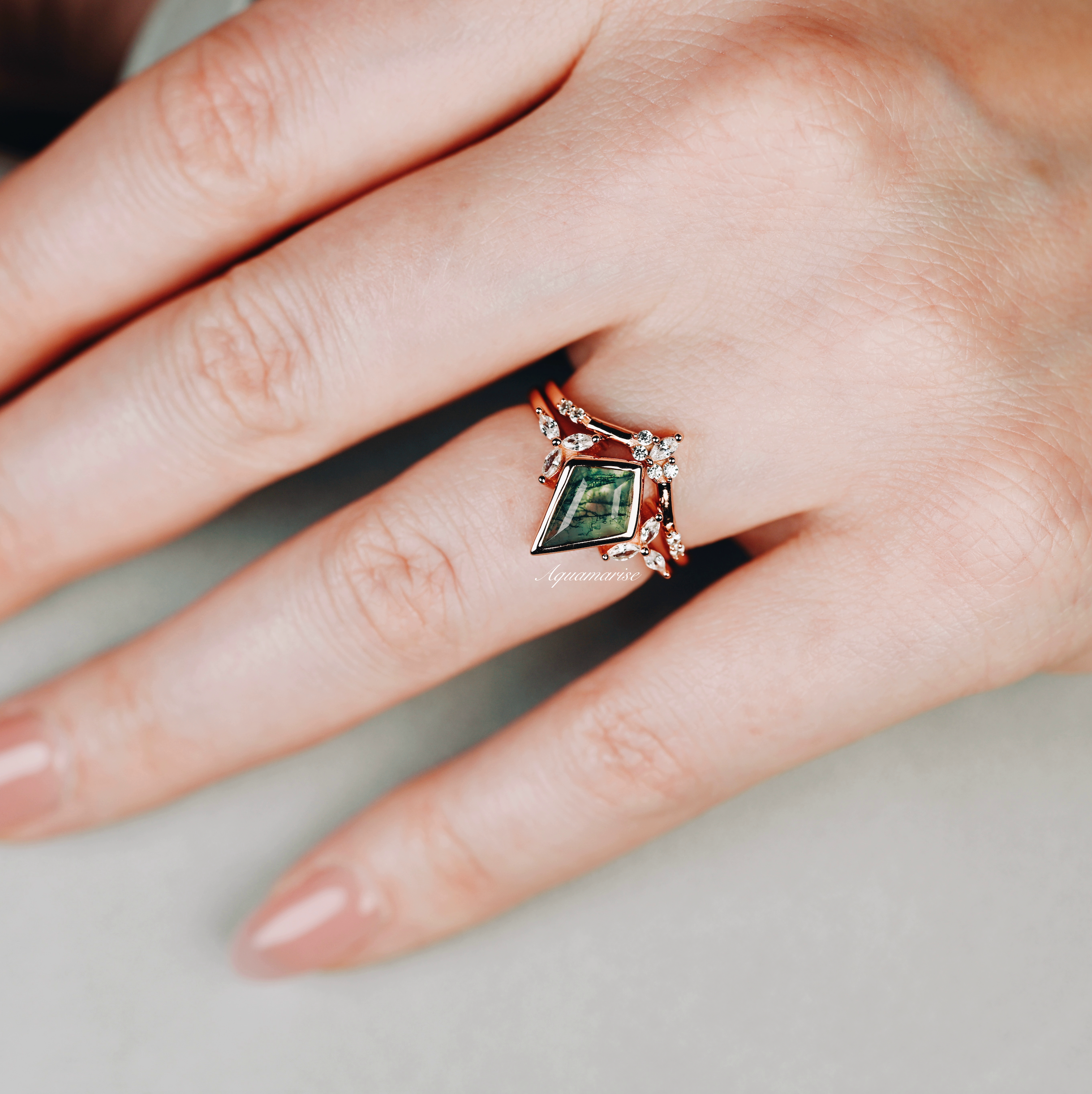 14K Rose Gold Vermeil Green Moss Agate Ring Set for Women | Elegant Gemstone Jewelry Gift for Birthday, Anniversary & Special Occasions