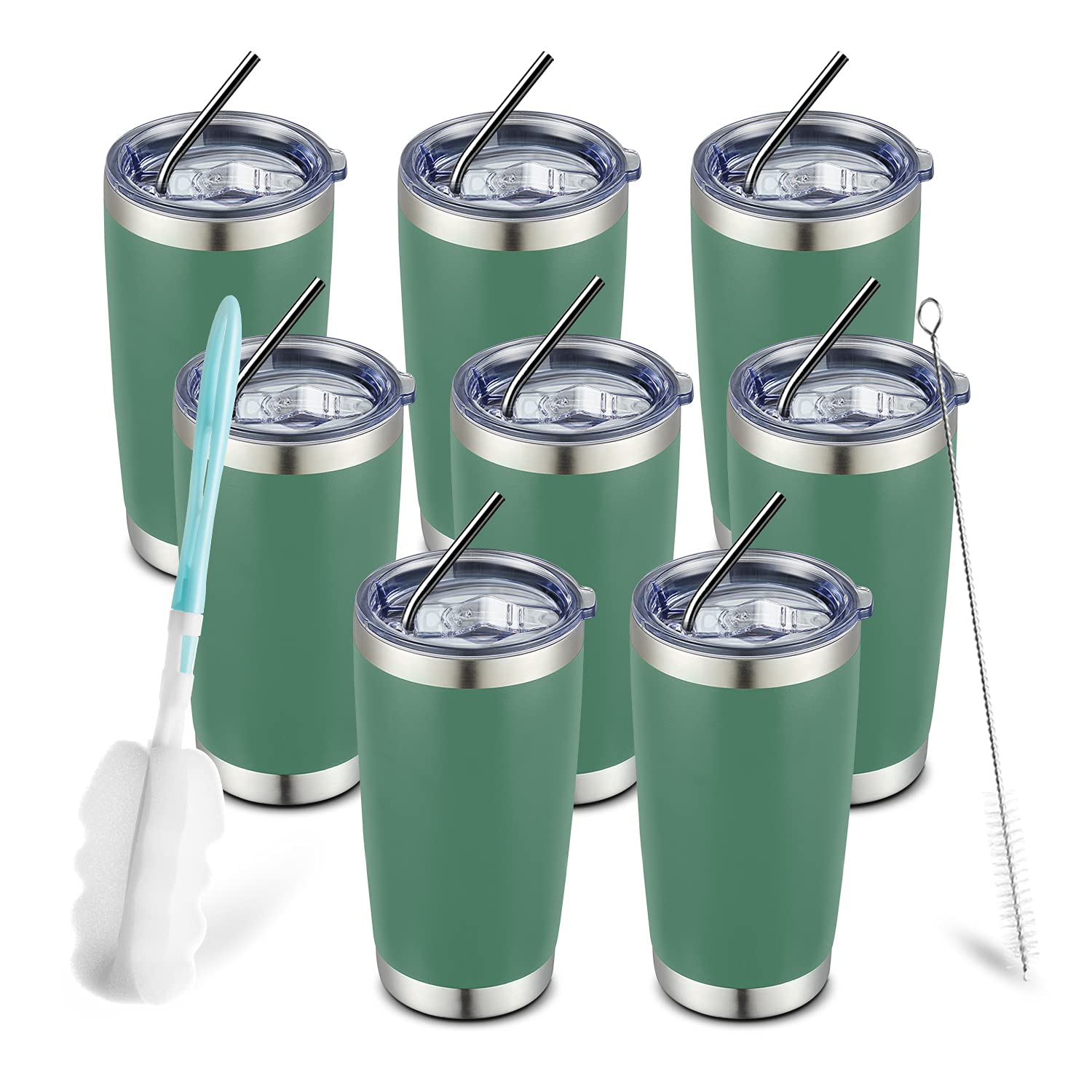 COMOOO 20oz Stainless Steel Double Wall Vacuum Insulated Tumbler - 8 Pack Bulk Coffee Travel Mug with Lid & Straw for Hot & Cold Drinks (Dark Green) - Perfect for Office, Gym, Camping & Road Trips
