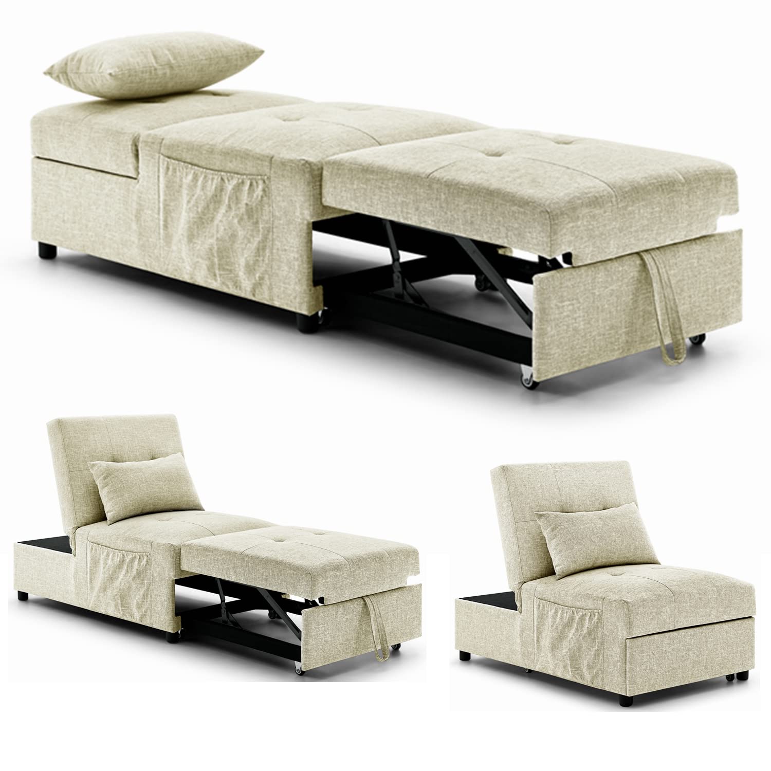 Gynsseh 4-in-1 Convertible Sleeper Sofa Chair Bed with Pull Out Ottoman & Pillow - Multi-Functional Furniture for Small Spaces, Living Room, Apartment, Guest Room & Office (Beige) | Perfect for Lounging, Napping & Extra Sleeping Space