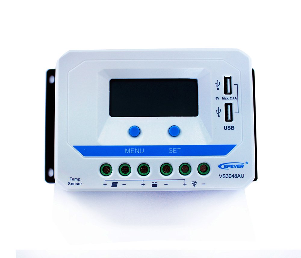 EPever 30A PWM Solar Charge Controller 12V/24V/36V/48V Auto with LCD Display & Dual USB Output, Max 2.4A PV for Solar Panels, Includes Temp Sensor Cable - Perfect for RV, Boat, Off-Grid & Home Solar Systems (VS3048AU)