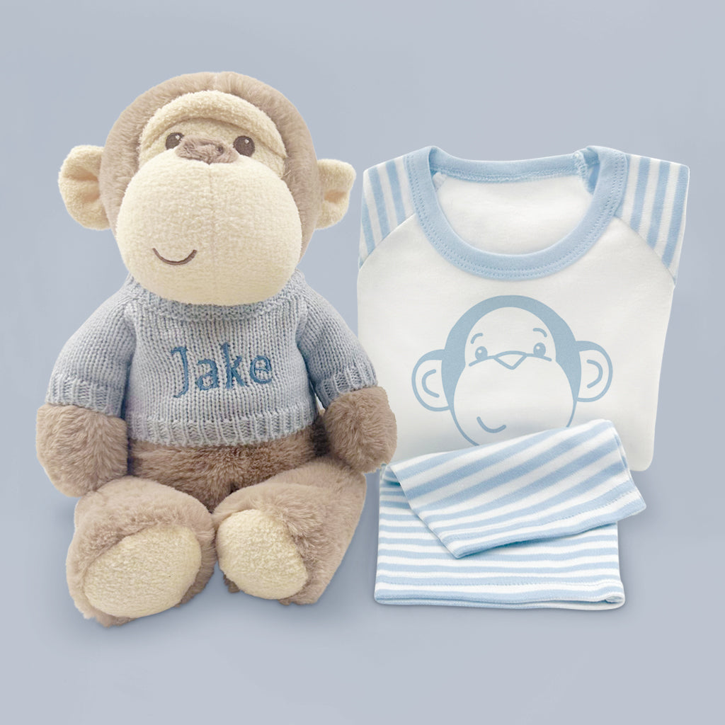 Personalized Morris Monkey Plush Toy with Baby Pajamas - Blue Cute Stuffed Animal for Newborn Gifts, Nursery Decor & Baby Shower Presents