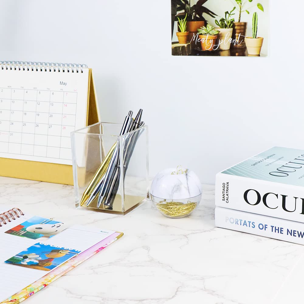 NatSume Basics Gold Acrylic Pen Holder - Clear Pencil Cup & Makeup Brush Organizer for Office, School, Home Desk | Stylish Desktop Accessory for Stationery & Cosmetics Storage
