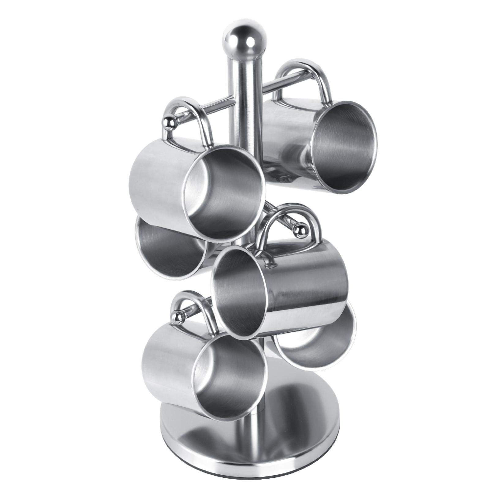 6-Pack 215ml Stainless Steel Double Wall Insulated Coffee Mugs with Mug Rack Holder - Hot & Cold Drink Cups for Office, Home, Restaurant, Camping and Outdoor Use