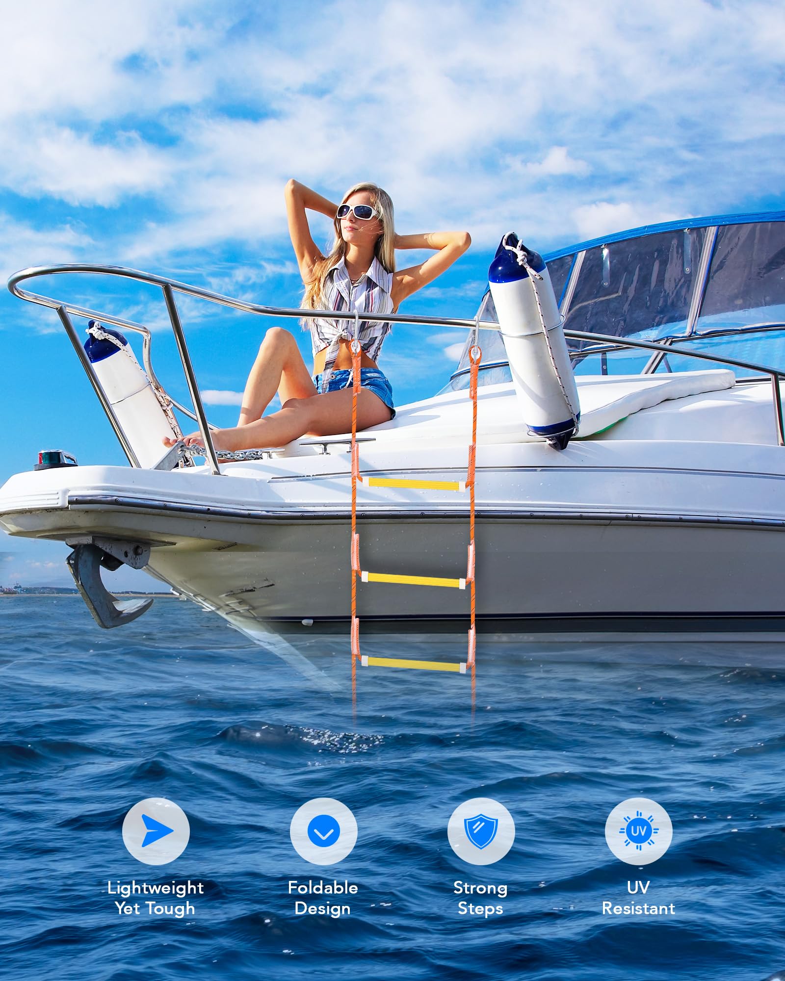 CO-Z 5 Step Portable Marine Boat Rope Ladder - Heavy Duty Dock Ladder for Inflatable Boats, Fishing Boats, Kayaks, Pontoons & Motorboats | Perfect for Swimming, Boarding & Water Sports Accessories