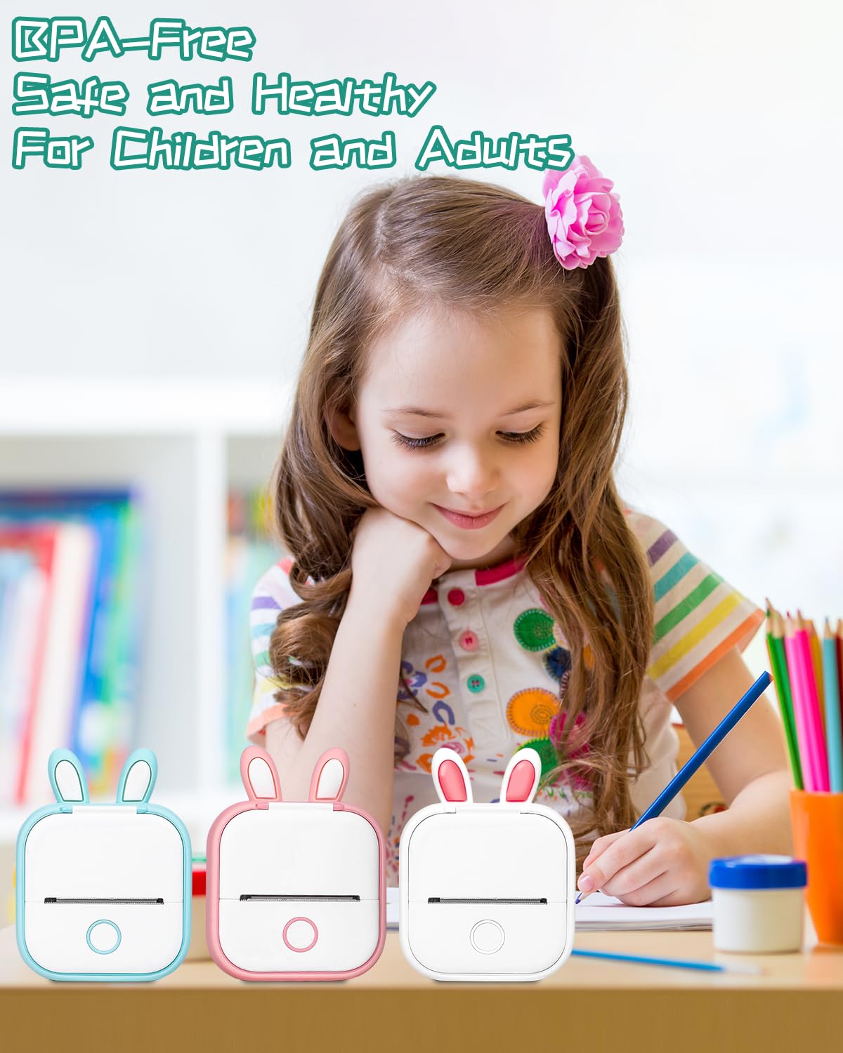 Memoqueen T02 Silicone Protective Case with Bunny Ears - Compatible with T02 Mini Sticker Printer, Portable Pocket Printer Cover in Green Bunny Design - Perfect for School, Office, Travel & DIY Projects