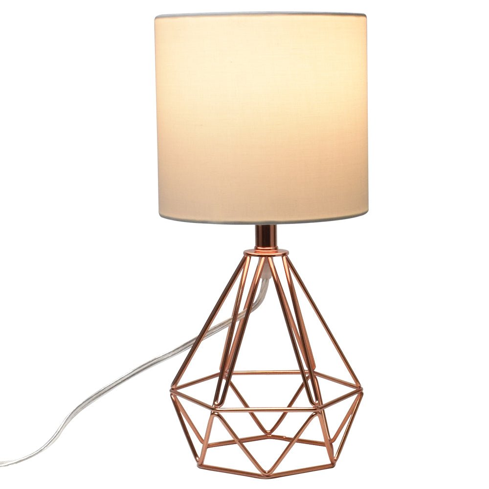 Modern Geometric Table Lamp with Rose Gold Hollow Metal Base & Fabric Shade - Bedside Nightstand Lamp for Bedroom, Living Room, Office - Perfect for Reading, Working & Creating Cozy Ambiance