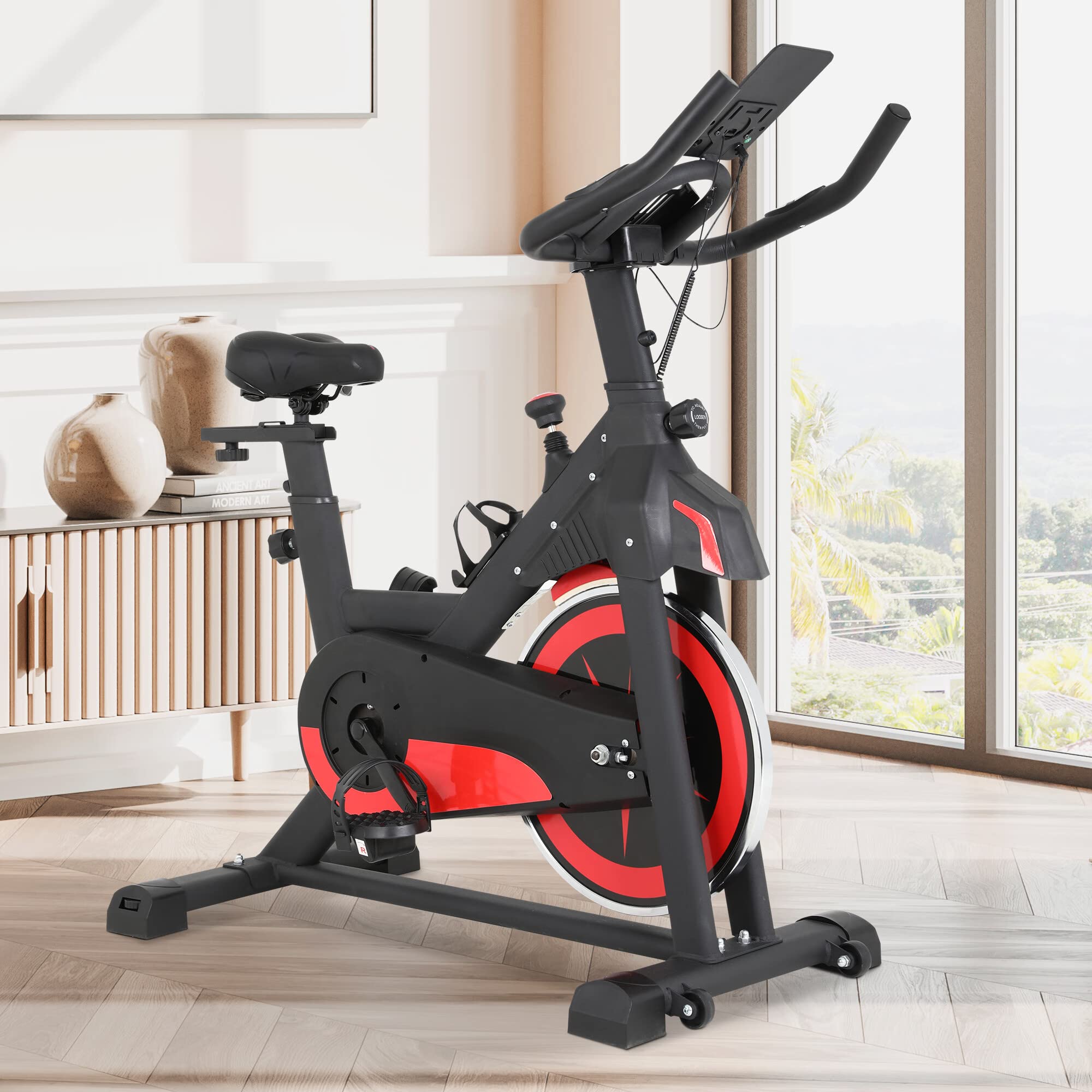 Premium Indoor Cycling Bike - Stationary Exercise Bike with LCD Monitor, Adjustable Resistance & Flywheel - Home Cardio Workout Bike with Comfortable Seat, Cup Holder & iPad Mount - Perfect for Home Gym, Fitness Training & Weight Loss