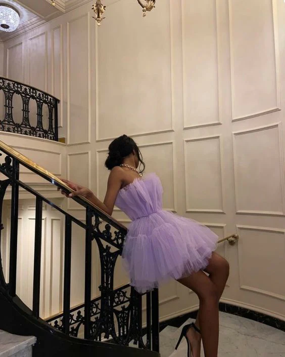 Lilac Tulle Mini Prom Dress Strapless Homecoming Dress J4026 - Elegant & Flirty for Parties, Dances & Special Occasions