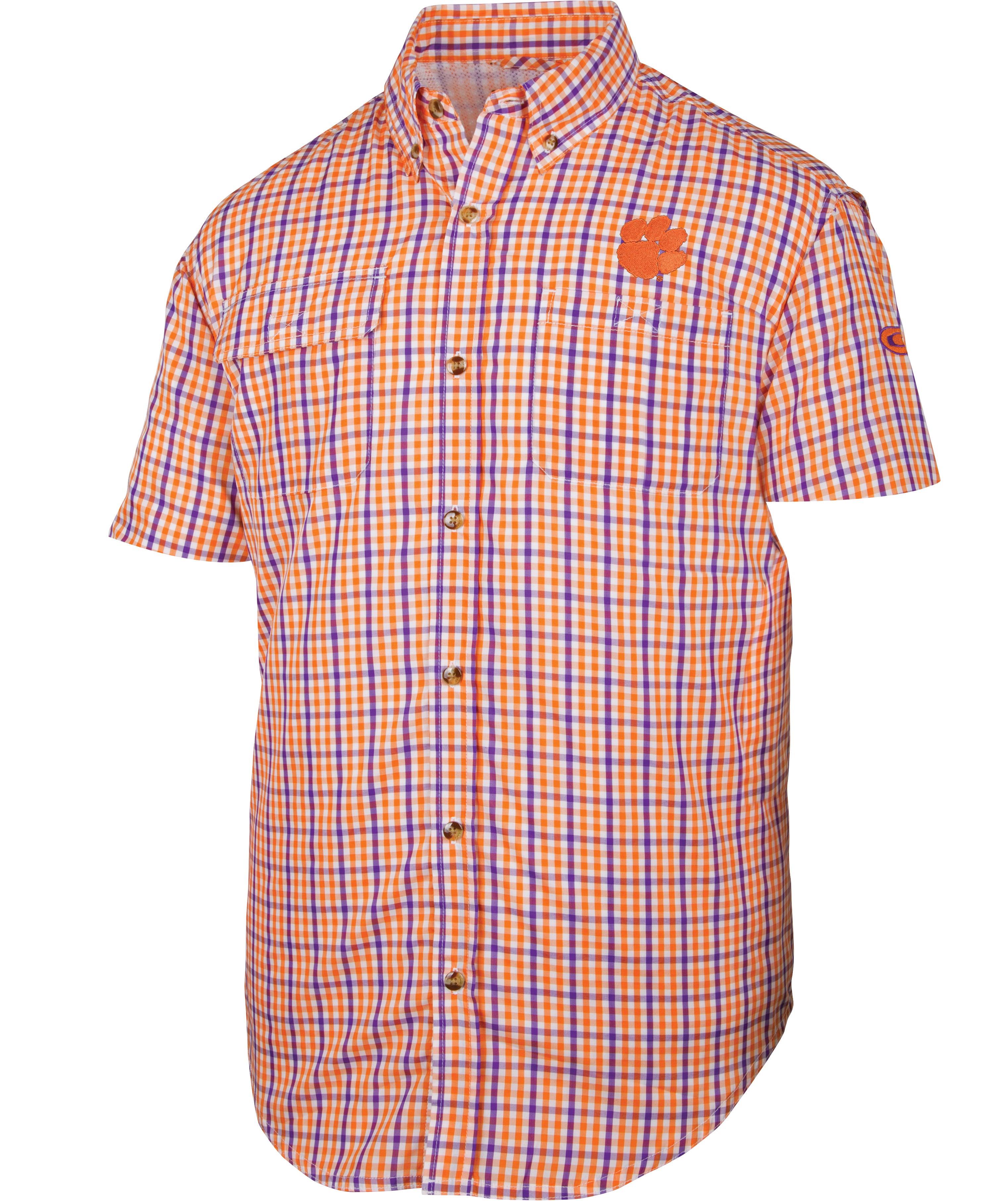 Clemson Gingham Plaid Wingshooter's Short Sleeve Shirt for Men - Lightweight Casual Button-Up for Hunting, Fishing & Outdoor Adventures
