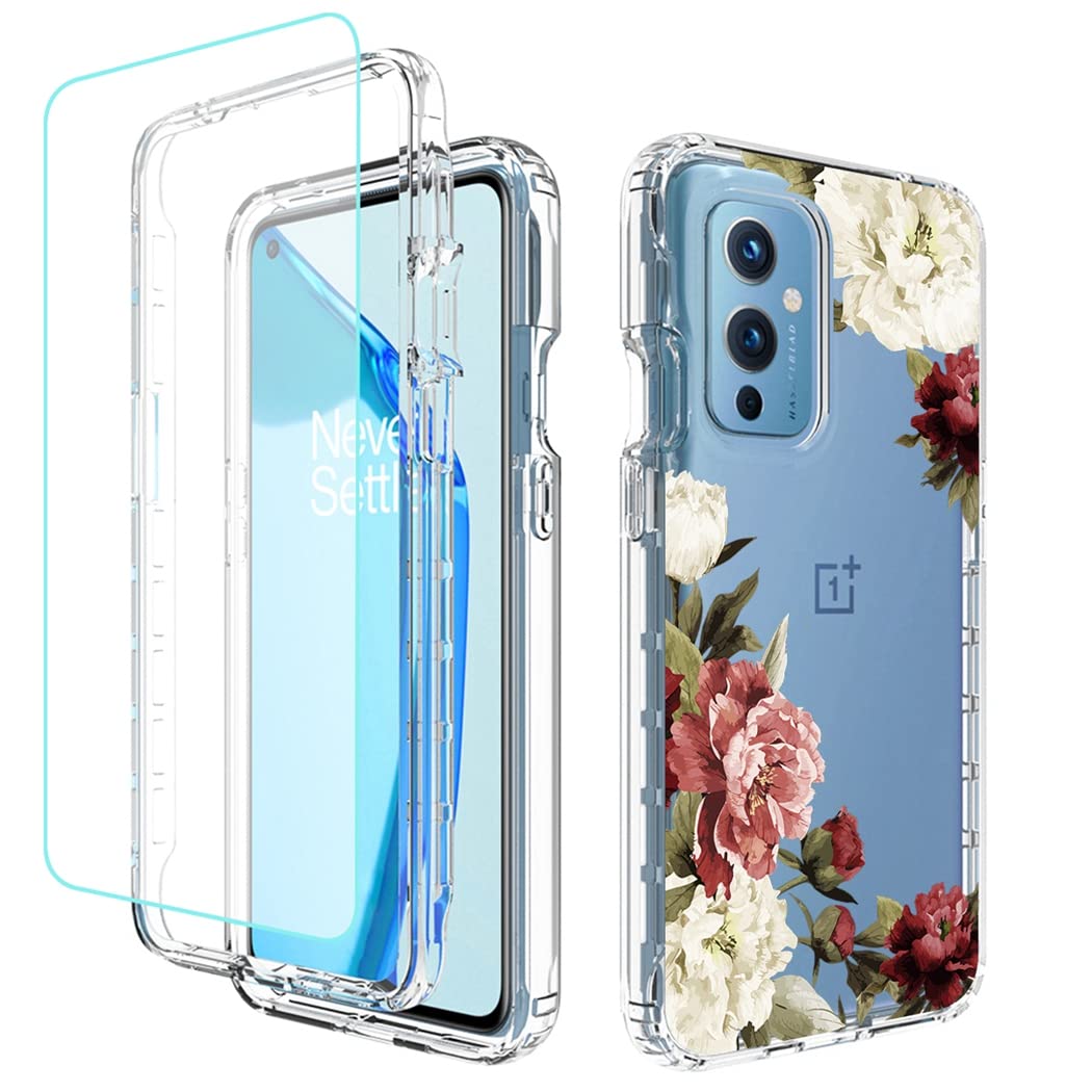 **OnePlus 9 5G LE2110 Phone Case with Tempered Glass Screen Protector - Cute Clear Floral Full Body Protective Cover for OnePlus 9 5G (Flower Design) | Perfect for Daily Use, Travel & Gift Giving**