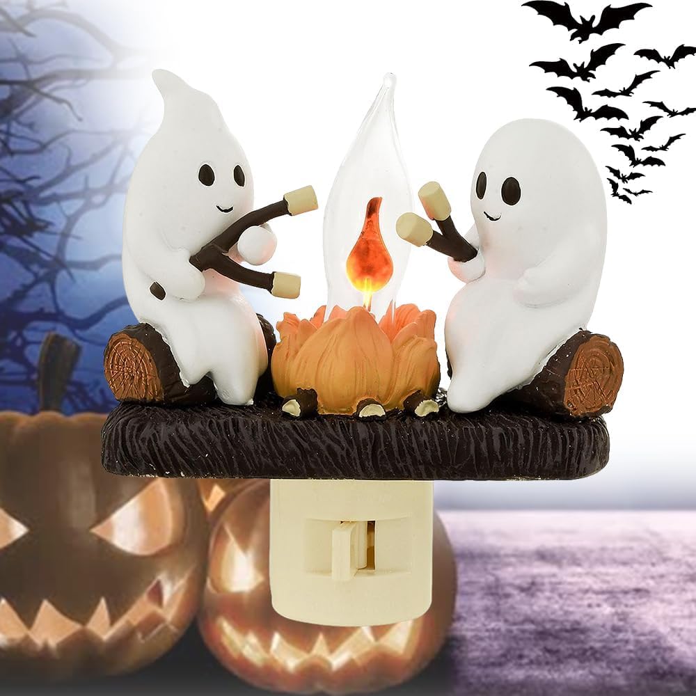 Ghost Campfire Flickering Night Light - 0.5W LED 3D Spooky Fire Effect, Marshmallow Halloween Decor Plug-in Wall Light for Bedroom, Party & Outdoor Camping