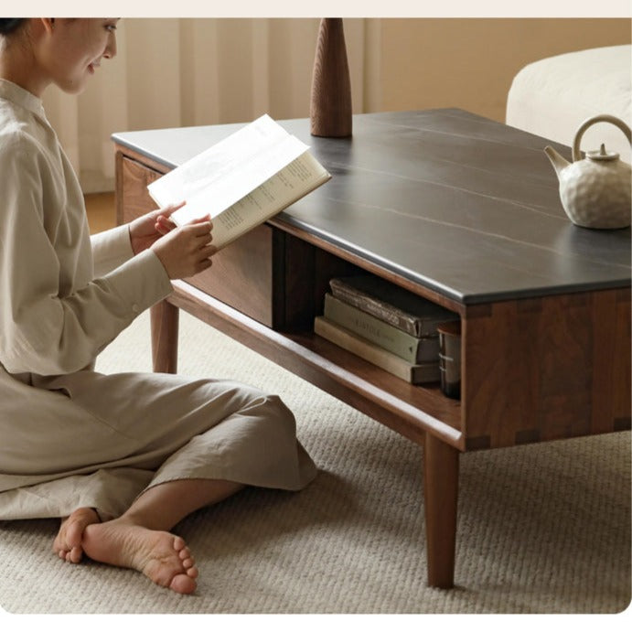 Solid Black Walnut Wood Storage Coffee Table with Rock Plate - Rustic Living Room Furniture for Home Decor & Organization