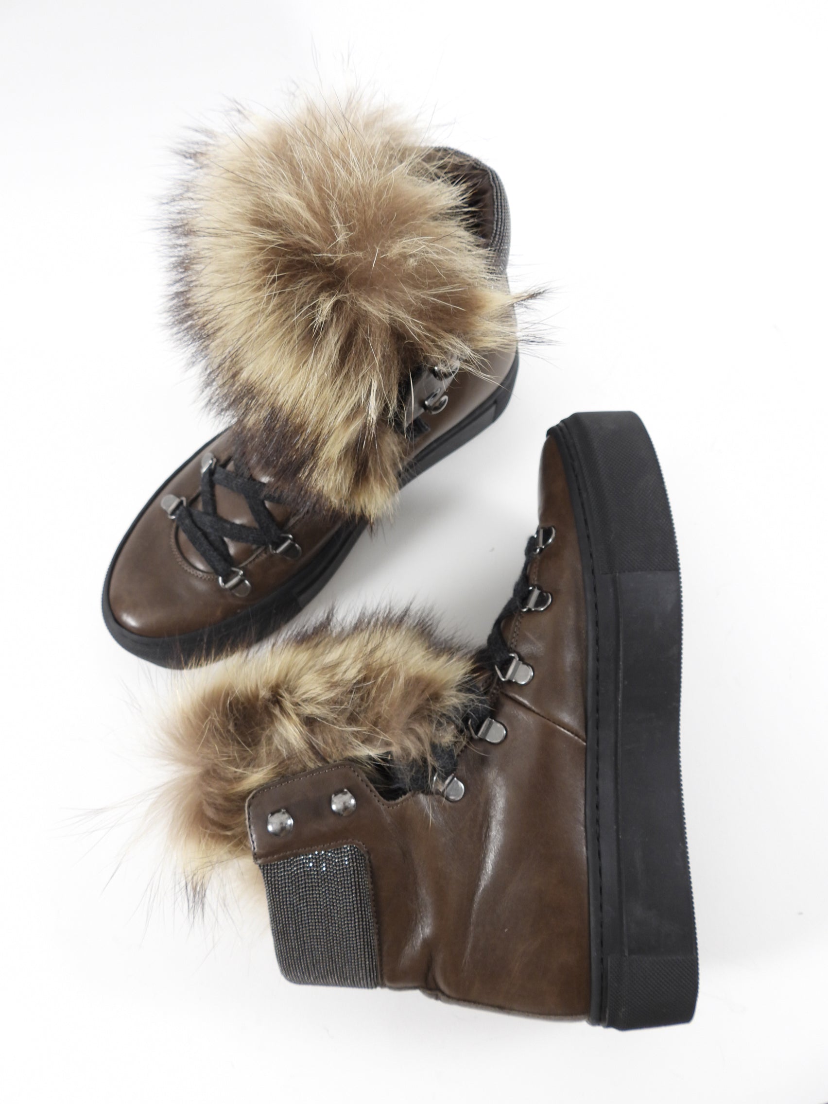 Brunello Cucinelli Brown Leather & Fur Winter Boots for Women Size 38 - Waterproof Snow Boots for Hiking, Outdoor Adventures & Cold Weather Fashion