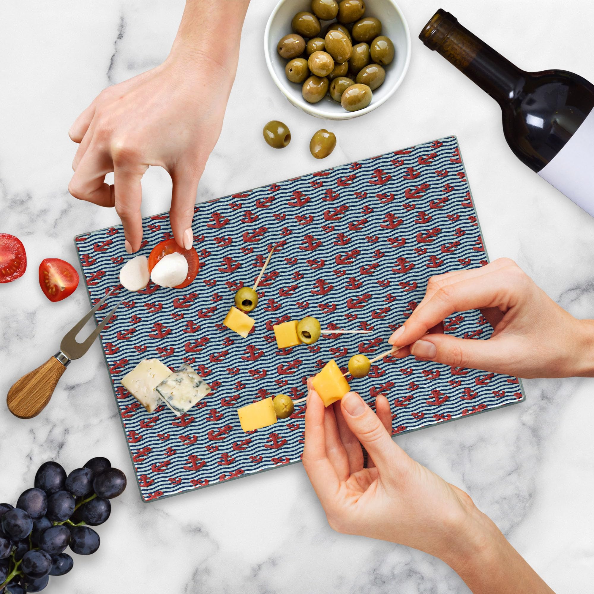 Ambesonne Anchor Tempered Glass Cutting Board - Wavy Stripes 3D Marine Anchor Design in Vermilion, Navy Blue & White - Small Decorative Serving Board for Kitchen, Dining & Gifts