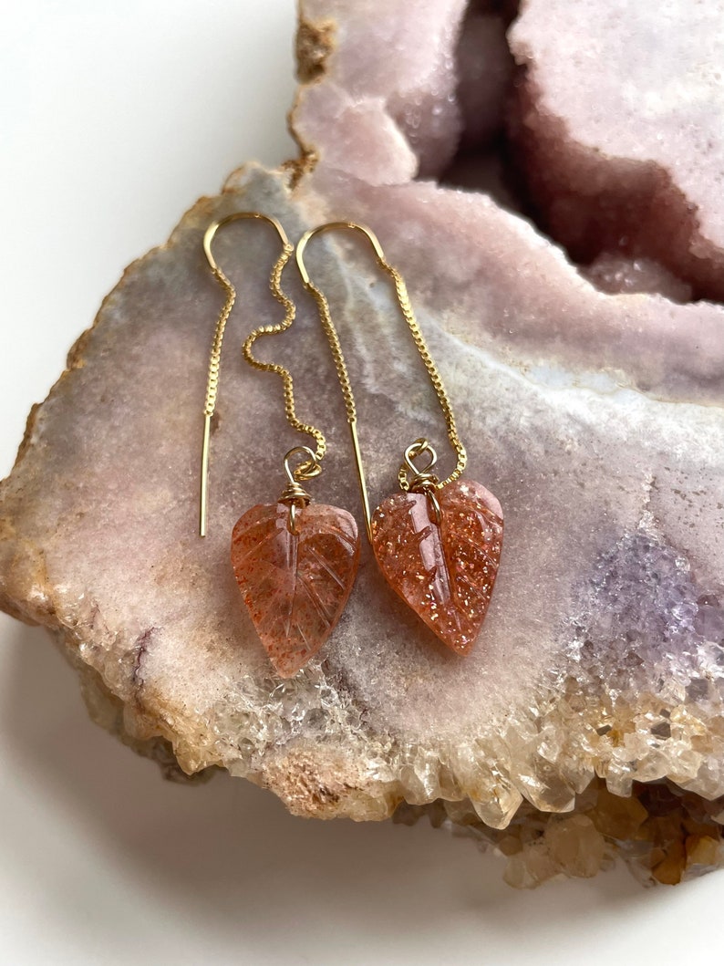 Orange Sunstone Gold Filled Statement Crystal Gemstone Threader Earrings for Women - Elegant Boho Chic Jewelry for Party, Wedding & Everyday Wear