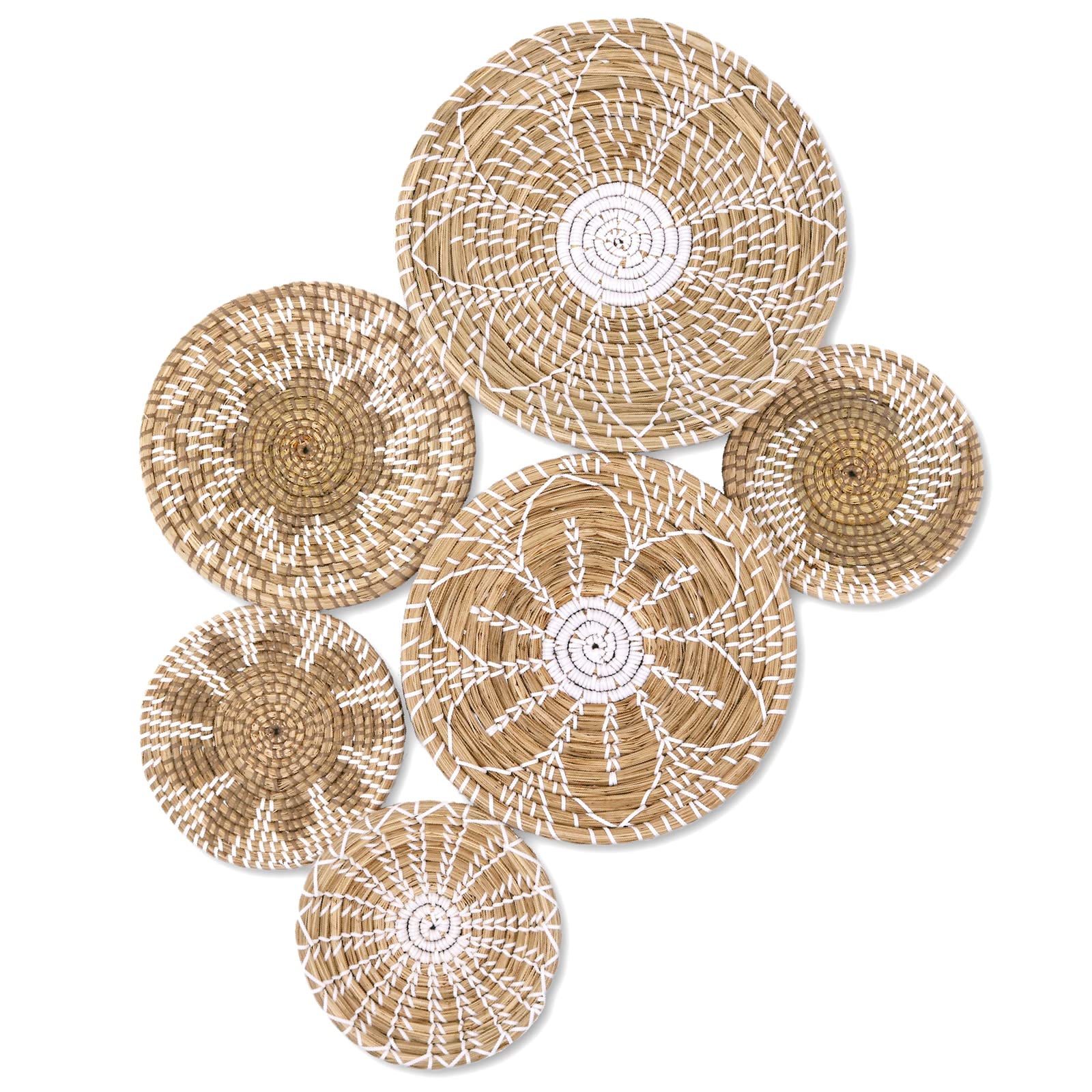 Boho Wall Basket Decor Set of 6 - Handwoven Seagrass Hanging Baskets for Wall Art, Rustic Farmhouse Home Decor - Natural Wicker Wall Hanging Decor (White) - Perfect for Living Room, Bedroom, Nursery & Boho Style Interior Design