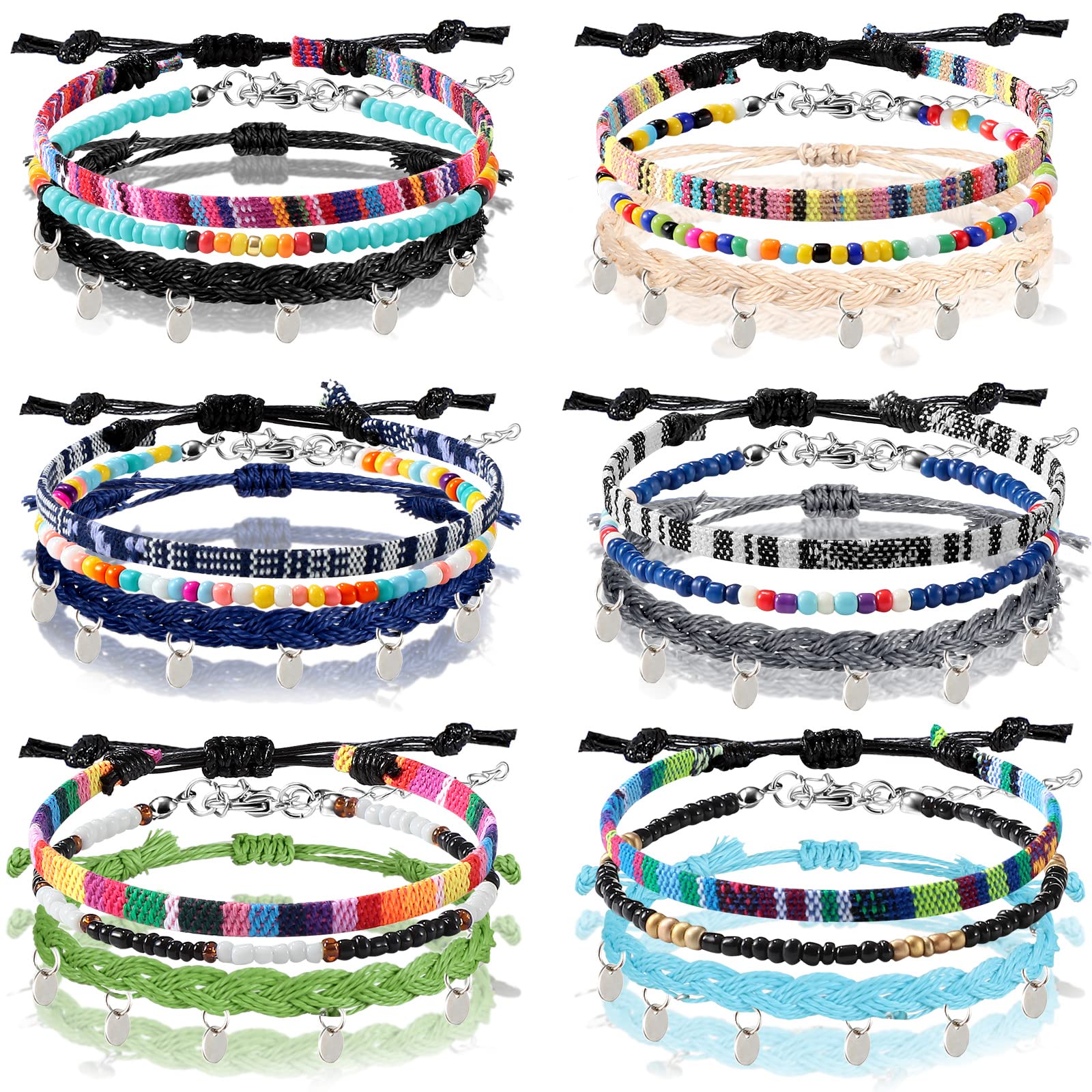Jadive 6-Piece Bohemian Surfer Bracelet Set - Adjustable Woven Ankle & Wrist Bracelets for Women - Braided Bangle Jewelry - Perfect for Beach, Festival, and Christmas Gifts