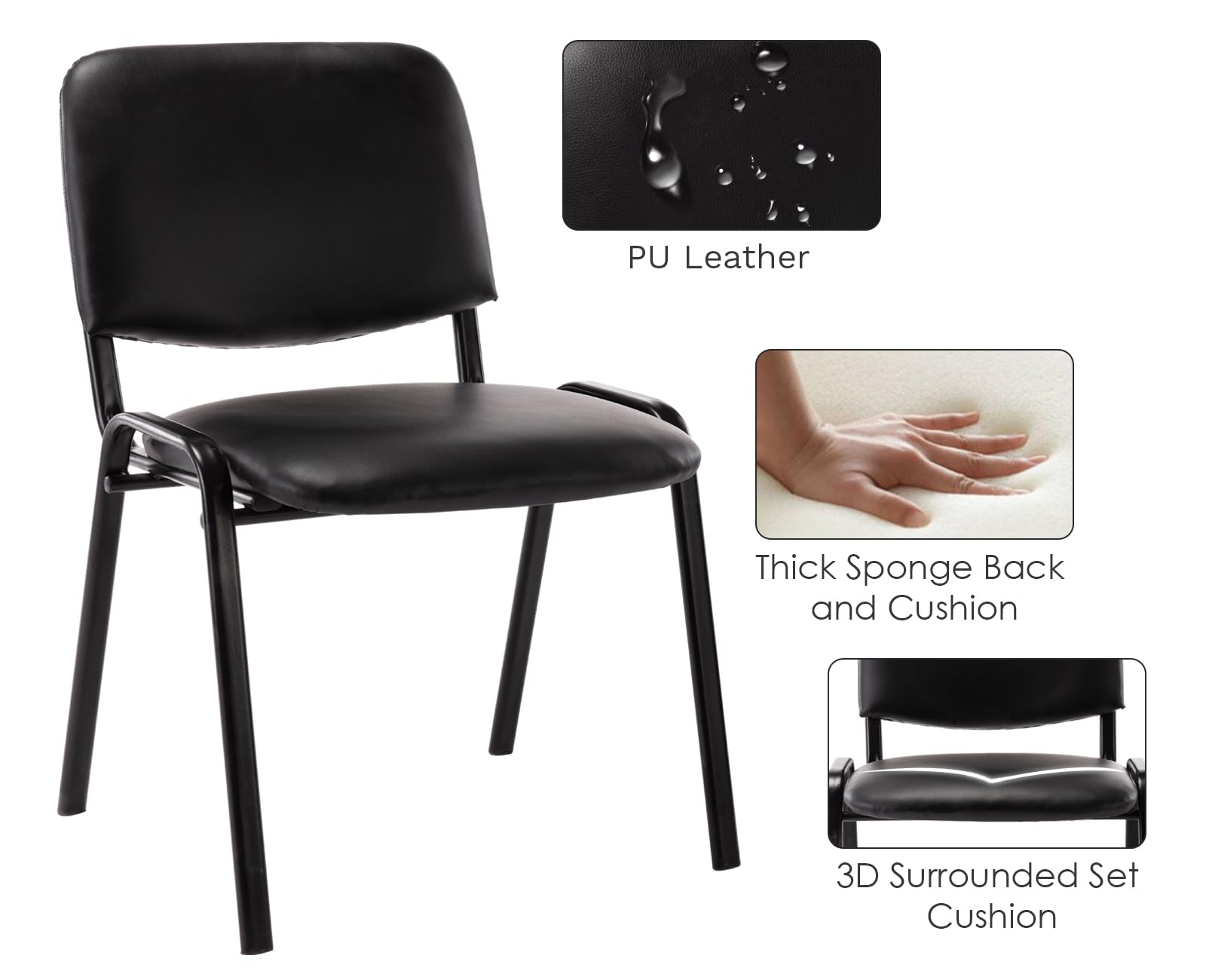 10 Pack Stackable PU Leather Waiting Room Chairs - Black Conference & Office Guest Chairs Set for Reception, Lobby, Breakroom, Church, School, Events, Hotel & Hall - Space-Saving Seating Solution for High-Traffic Areas