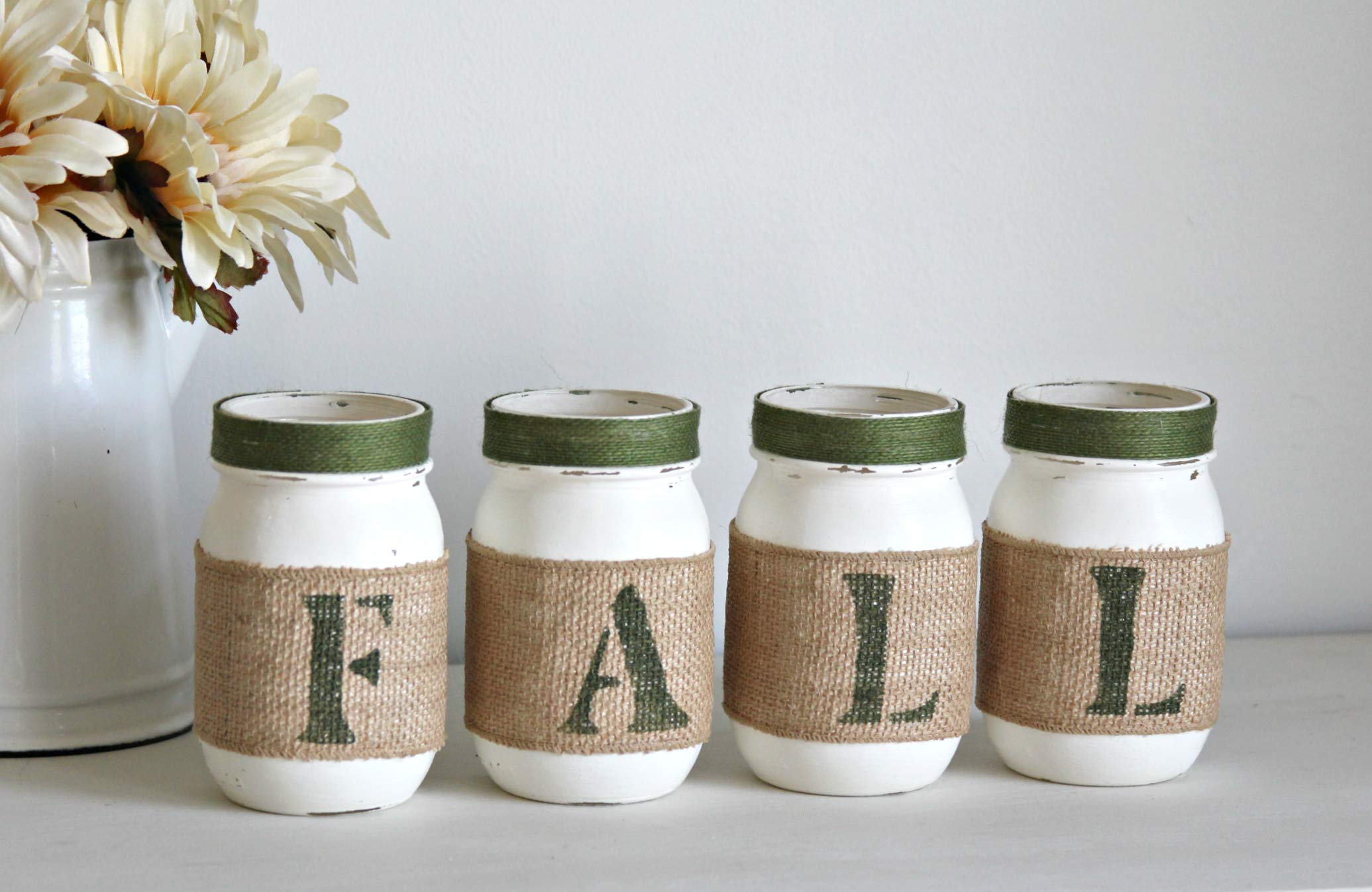 Fall Home Decor Thanksgiving Table Centerpiece - Hand Painted Green & White Mason Jars for Entryway Decor | Perfect Housewarming Gift for Mom | Seasonal Table Setting & Front Porch Decoration