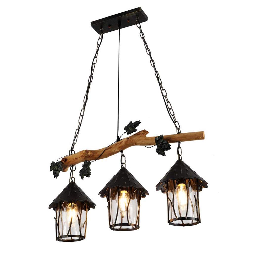 Vintage Industrial Chandelier with 3 Lantern Shades - Solid Wood Tree Branch Design for Dining Room, Bar or Loft Lighting | Retro Style Decorative Pendant Light for Home & Commercial Spaces