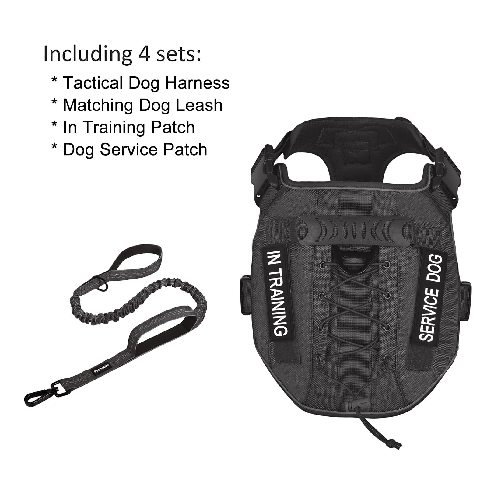 Tactical Dog Harness with Leash - No Pull Pet Harness for Large Dogs | Adjustable Hook & Loop Panels for Military Service & Training | Durable Black Harness for Hiking, Outdoor Adventures & Police K9 Work
