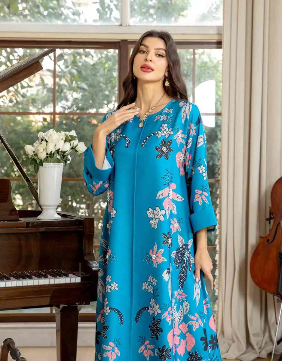 Hotfix Rhinestone Eid Dress - Elegant Burnout Caftan Kaftan for Women | Perfect for Eid Celebrations, Weddings & Special Occasions