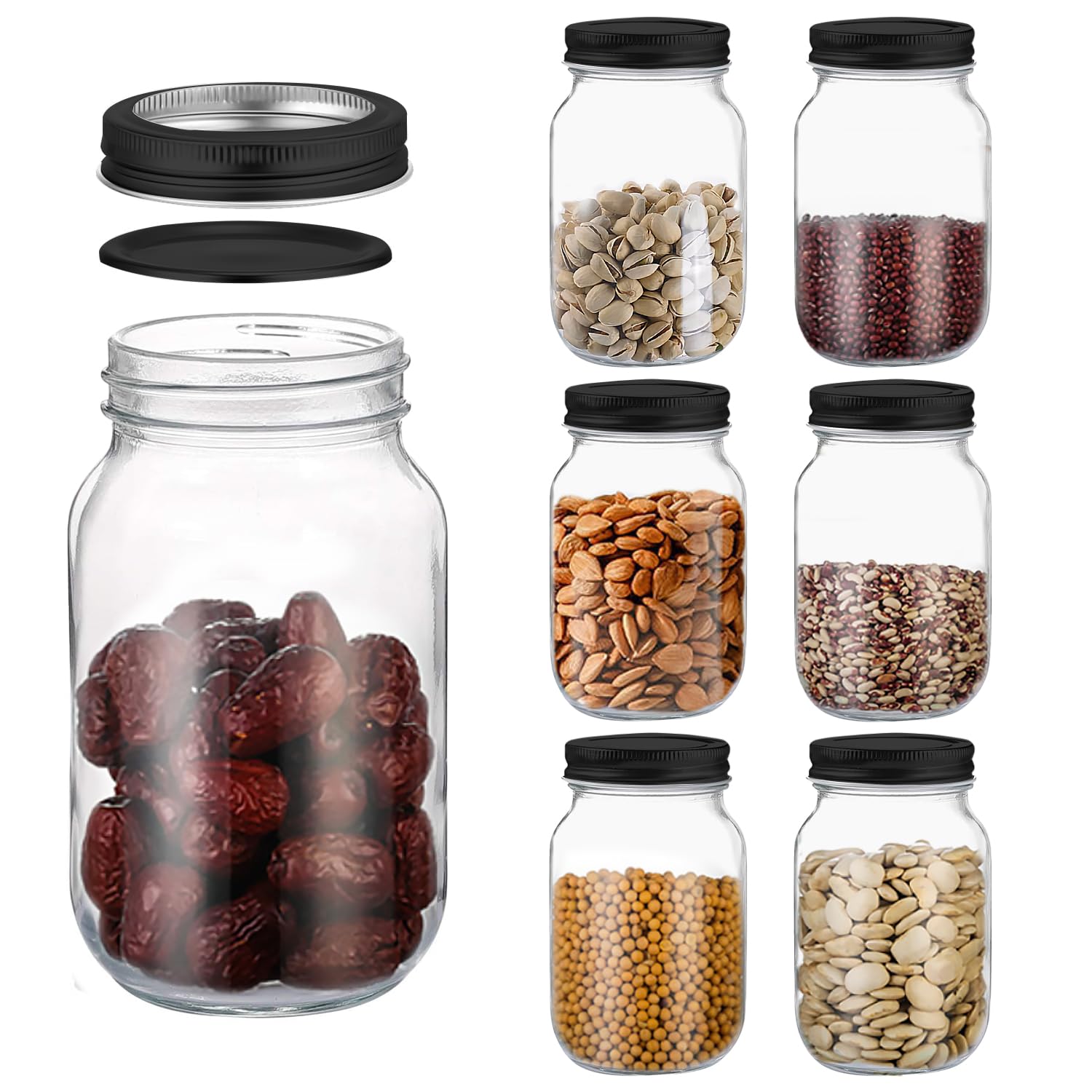 32oz Clear Plastic Mason Jars with Airtight Lids - 6 Pack Black Food Storage Containers for Kitchen, Pantry Organization, Dry Goods, Spices & DIY Crafts | BPA-Free Leakproof Jars