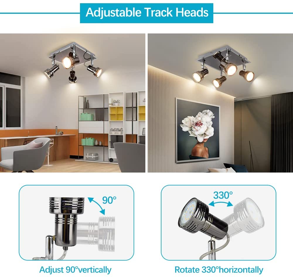 Modern LED Track Lighting Fixture - 4 Light Square Ceiling Spot Lights with Warm White 3W GU10 Bulbs Included | Flush Mount Directional Lighting for Kitchen, Living Room, Bedroom, Office & Retail Spaces | Energy-Efficient Dimmable Ceiling Light Kit