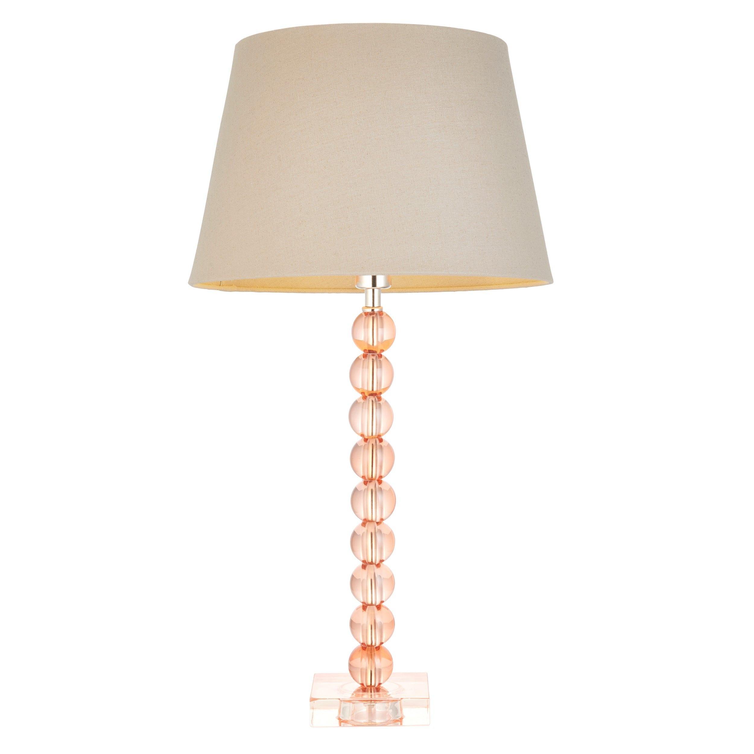 Adelie Blush Pink Tinted Crystal Glass Table Lamp with Grey Linen Shade - Elegant Bedside & Living Room Lighting for Home Decor