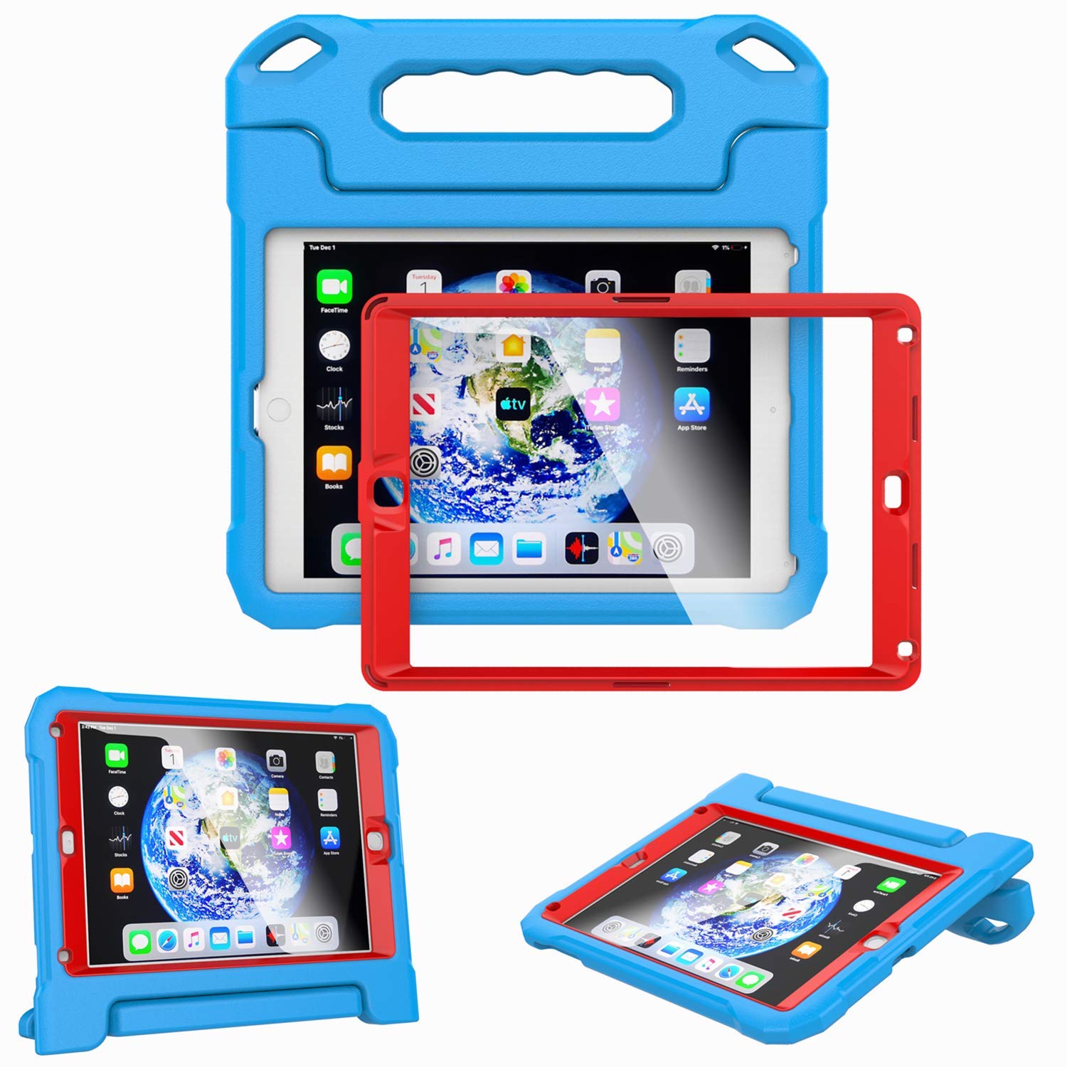 Shockproof Kids iPad Case for iPad 9.7-inch (6th/5th Gen & Air/Air 2) - Lightweight Convertible Stand Cover with Built-in Screen Protector, Handle - Blue & Red - Perfect for School, Travel & Home Learning