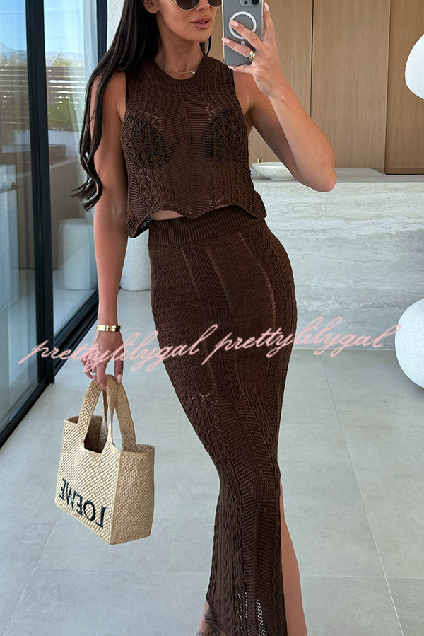 Stylish Solid Color Sleeveless Hollow Knit Crop Top & Elastic Slit Slim Midi Skirt Set - Summer Outfit for Women | Perfect for Beach, Party & Casual Wear
