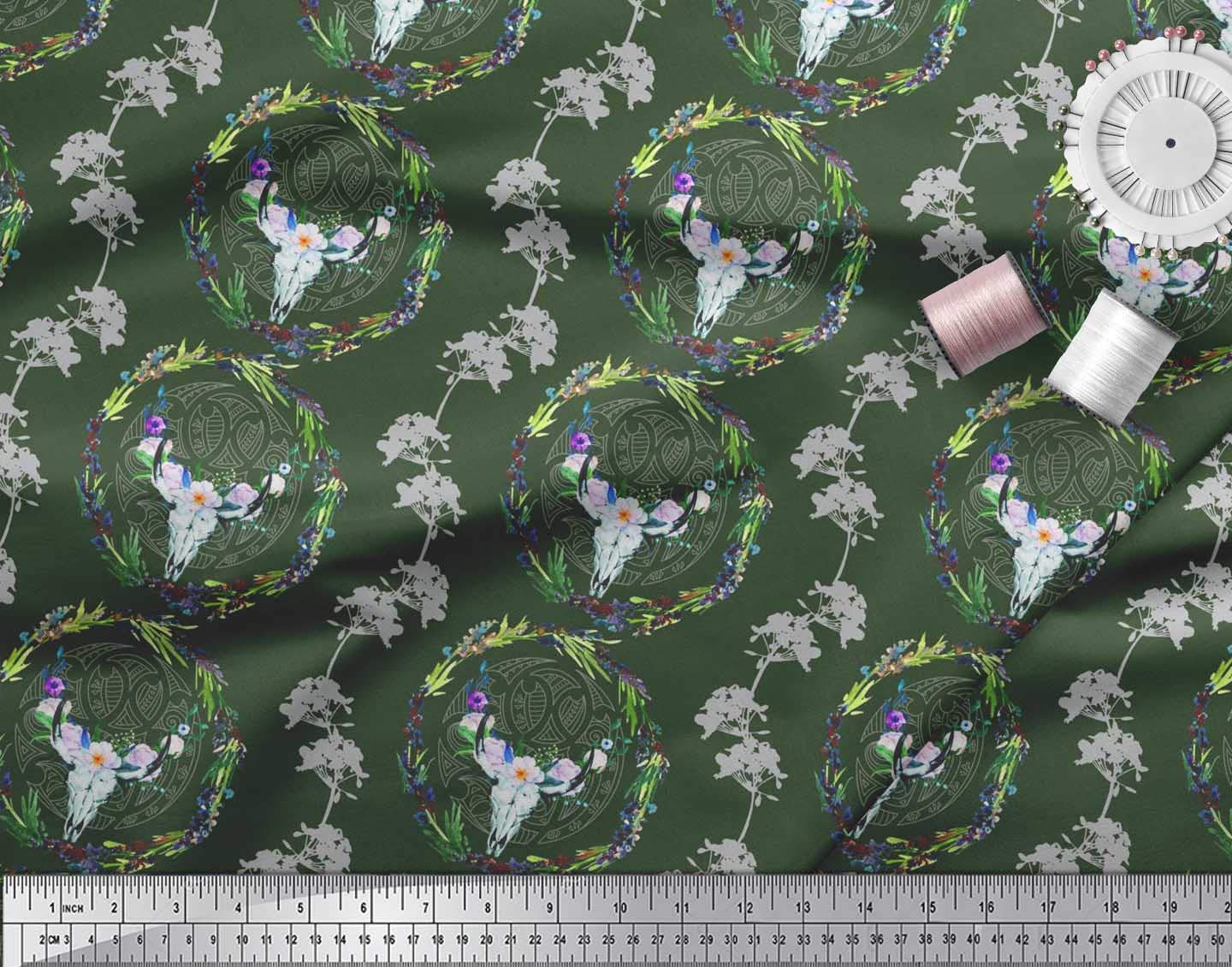 Soimoi Floral Wreath & Skull Animal Print Polyester Crepe Fabric - 1 Yard 42